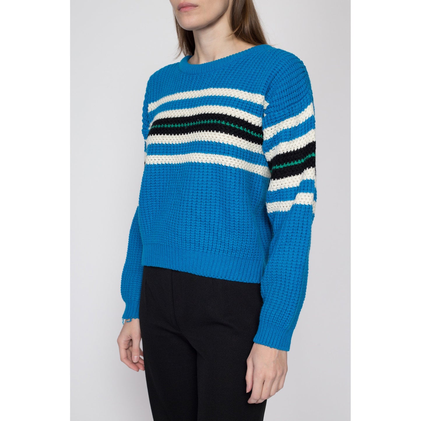 Small 90s Blue Striped Sweater | Vintage Grunge Slouchy Knit Pullover