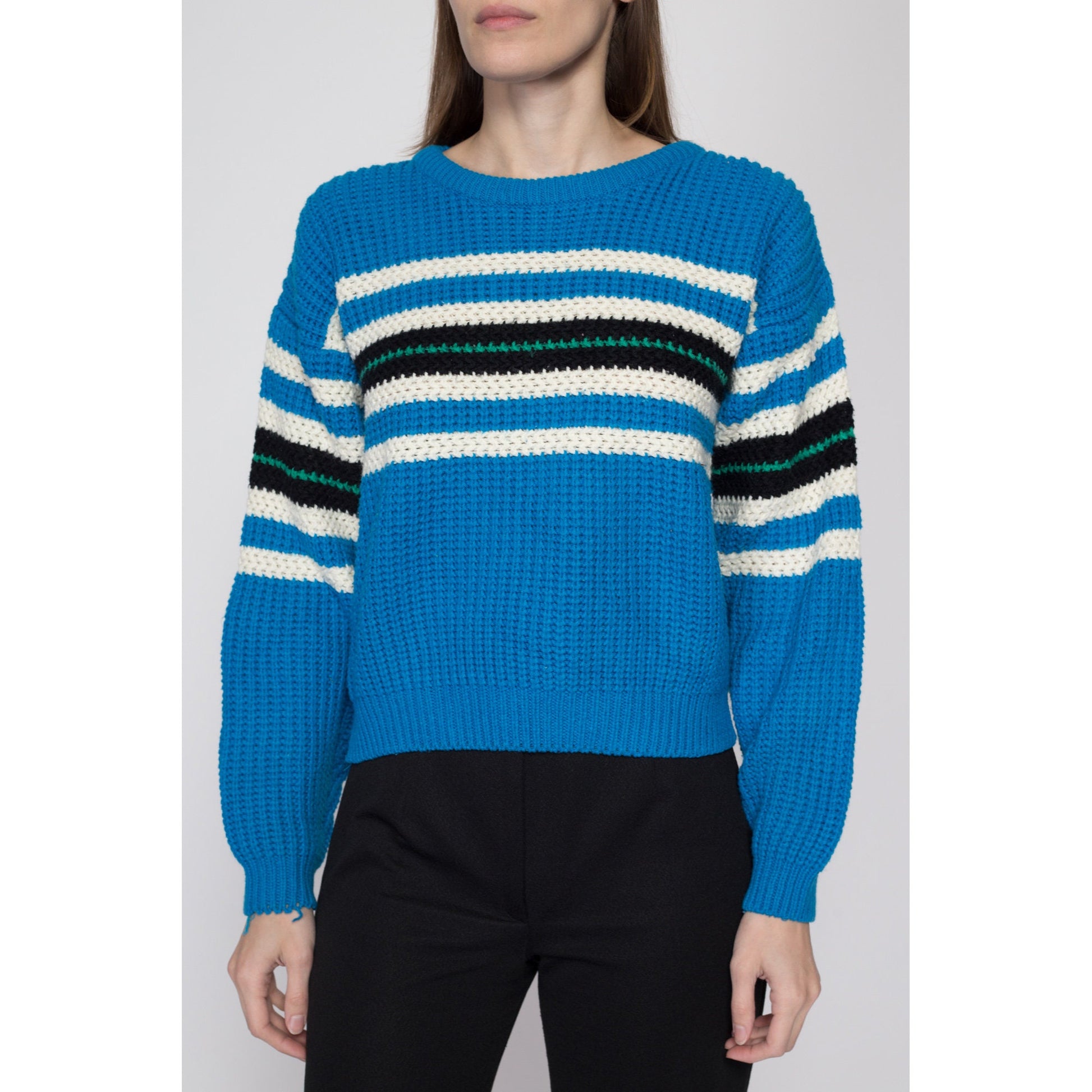 Small 90s Blue Striped Sweater | Vintage Grunge Slouchy Knit Pullover
