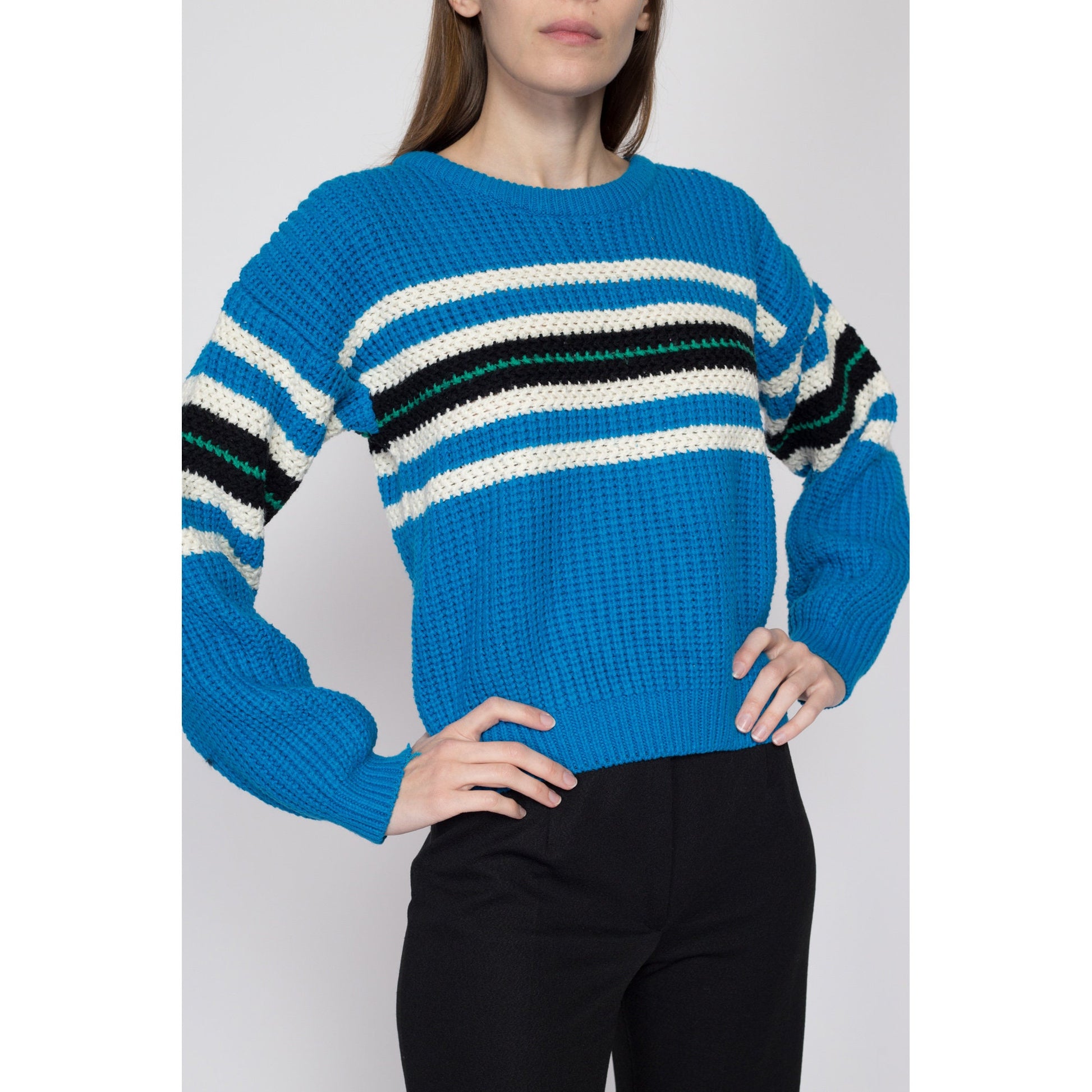 Small 90s Blue Striped Sweater | Vintage Grunge Slouchy Knit Pullover