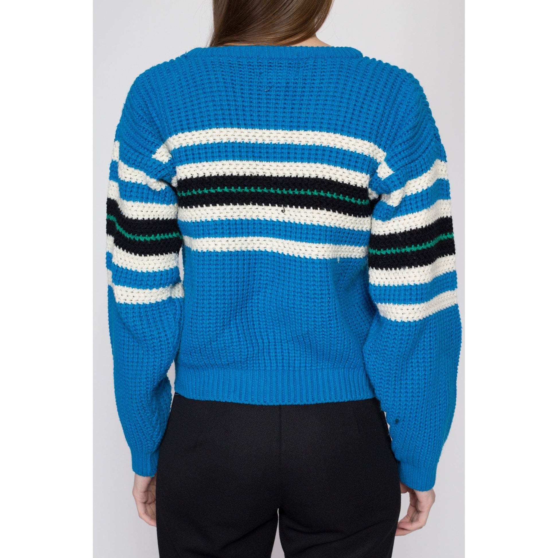 Small 90s Blue Striped Sweater | Vintage Grunge Slouchy Knit Pullover