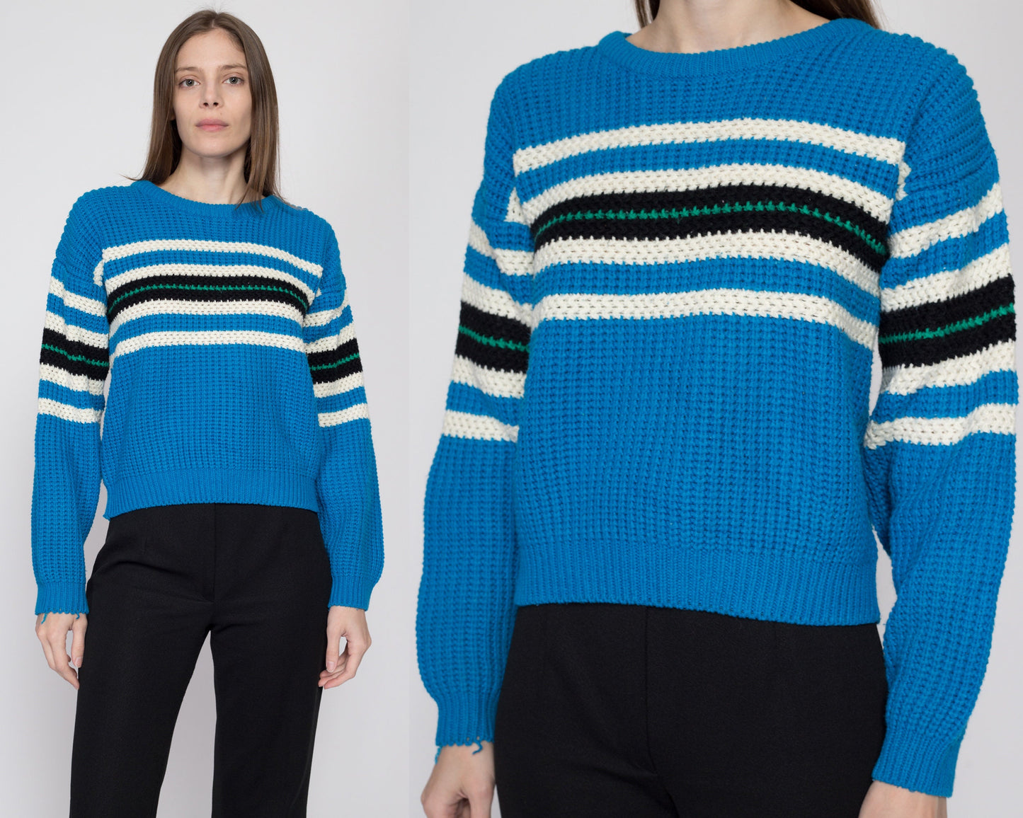 Small 90s Blue Striped Sweater | Vintage Grunge Slouchy Knit Pullover