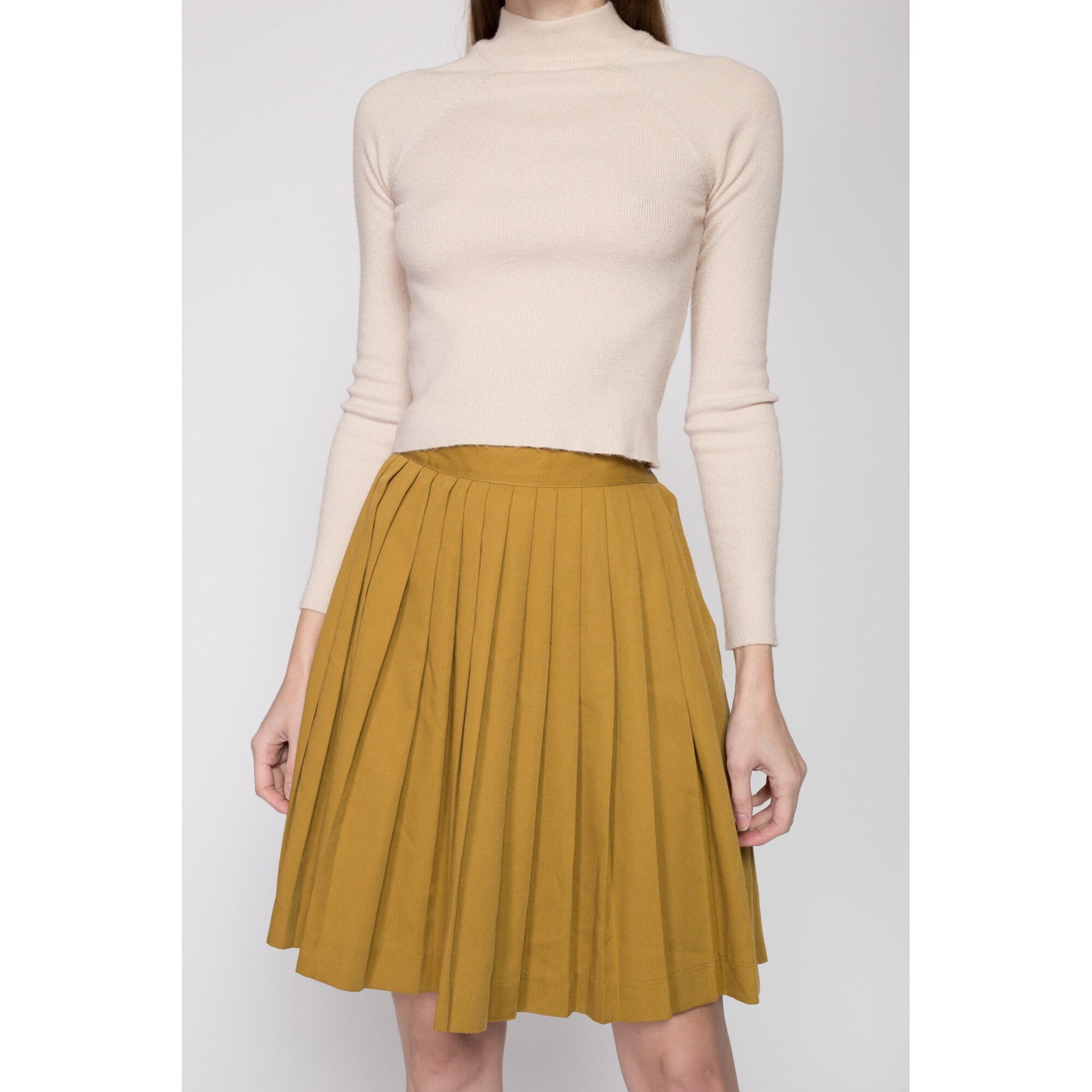 Small 80s Mustard Yellow Pleated Mini Skirt 25.5" | Vintage High Waisted Rayon Schoolgirl Skirt