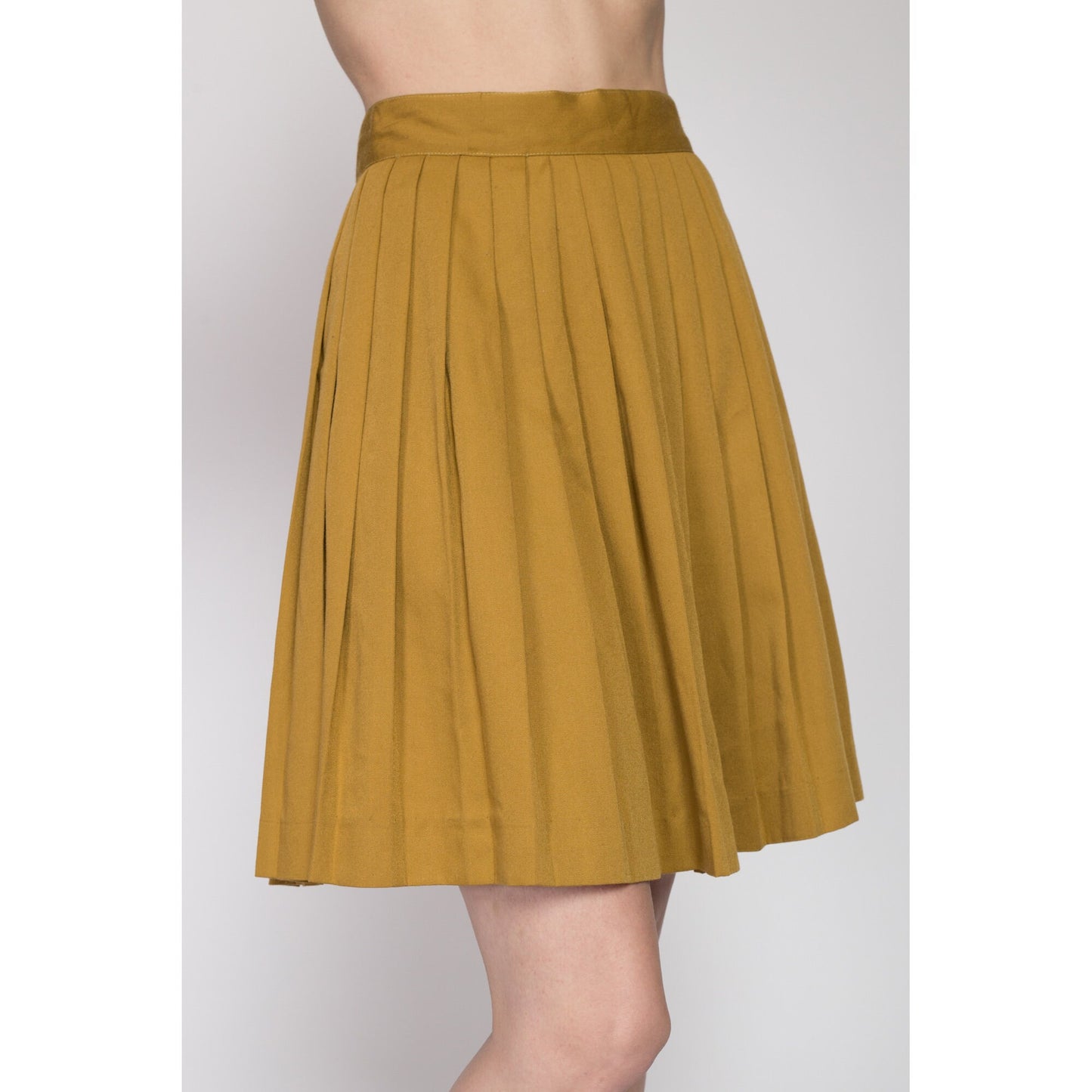 Small 80s Mustard Yellow Pleated Mini Skirt 25.5" | Vintage High Waisted Rayon Schoolgirl Skirt