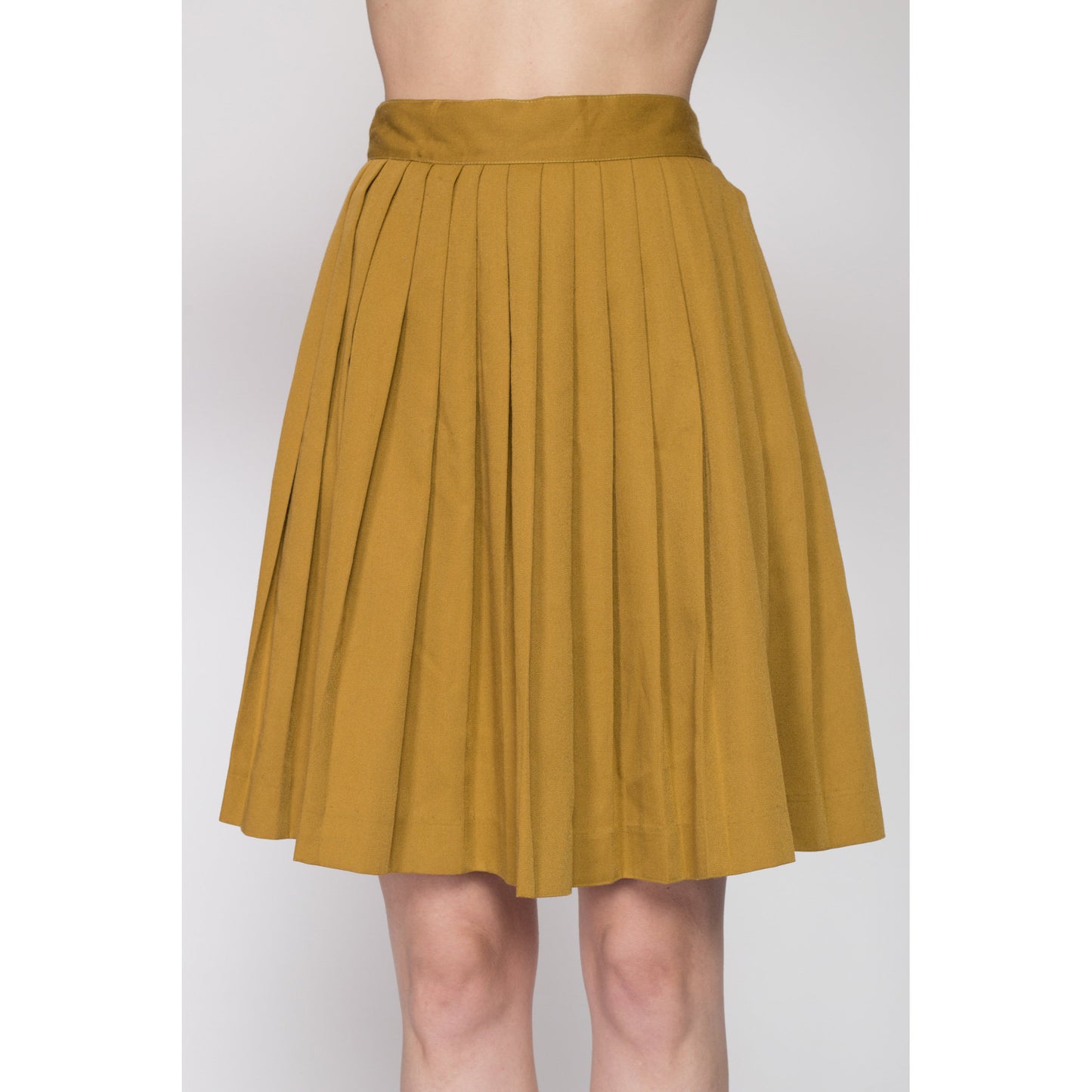 Small 80s Mustard Yellow Pleated Mini Skirt 25.5" | Vintage High Waisted Rayon Schoolgirl Skirt