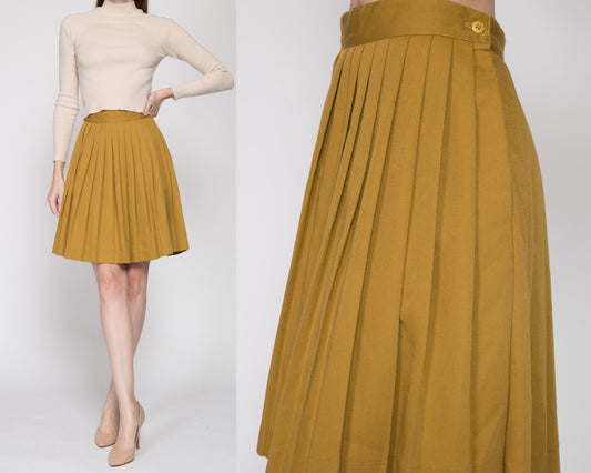 Small 80s Mustard Yellow Pleated Mini Skirt 25.5" | Vintage High Waisted Rayon Schoolgirl Skirt