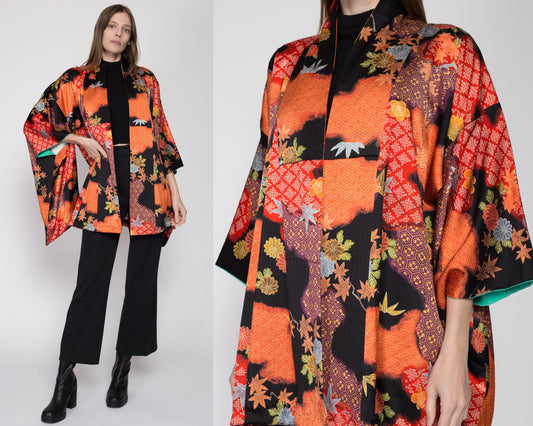 One Size Vintage Japanese Silk Leaf Print Haori Kimono | Boho Colorful Asian Jacket Mini Robe