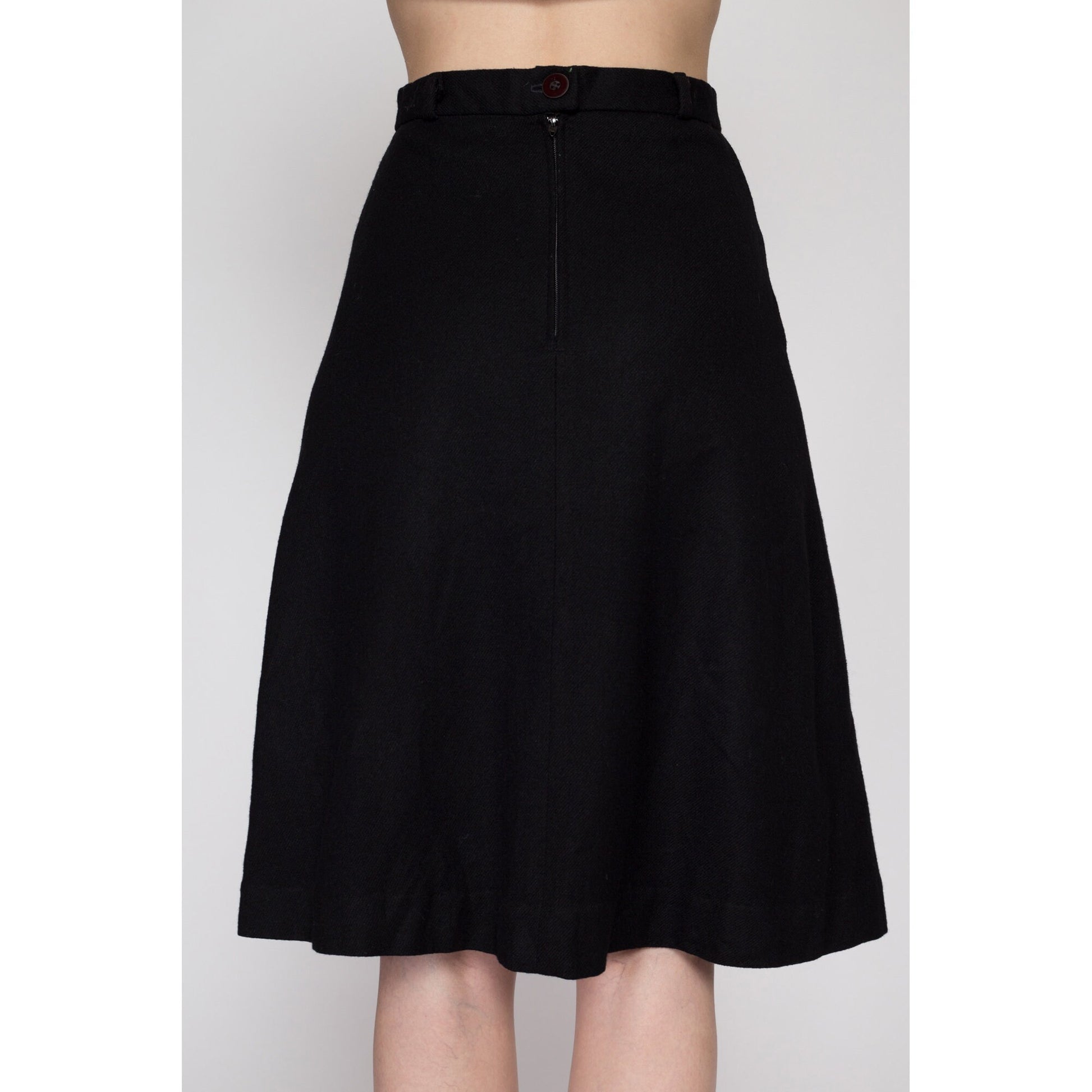 XS 70s Black A Line Wool Blend Skirt 24.5" | Vintage Minimalist High Waisted Knee Length Skirt