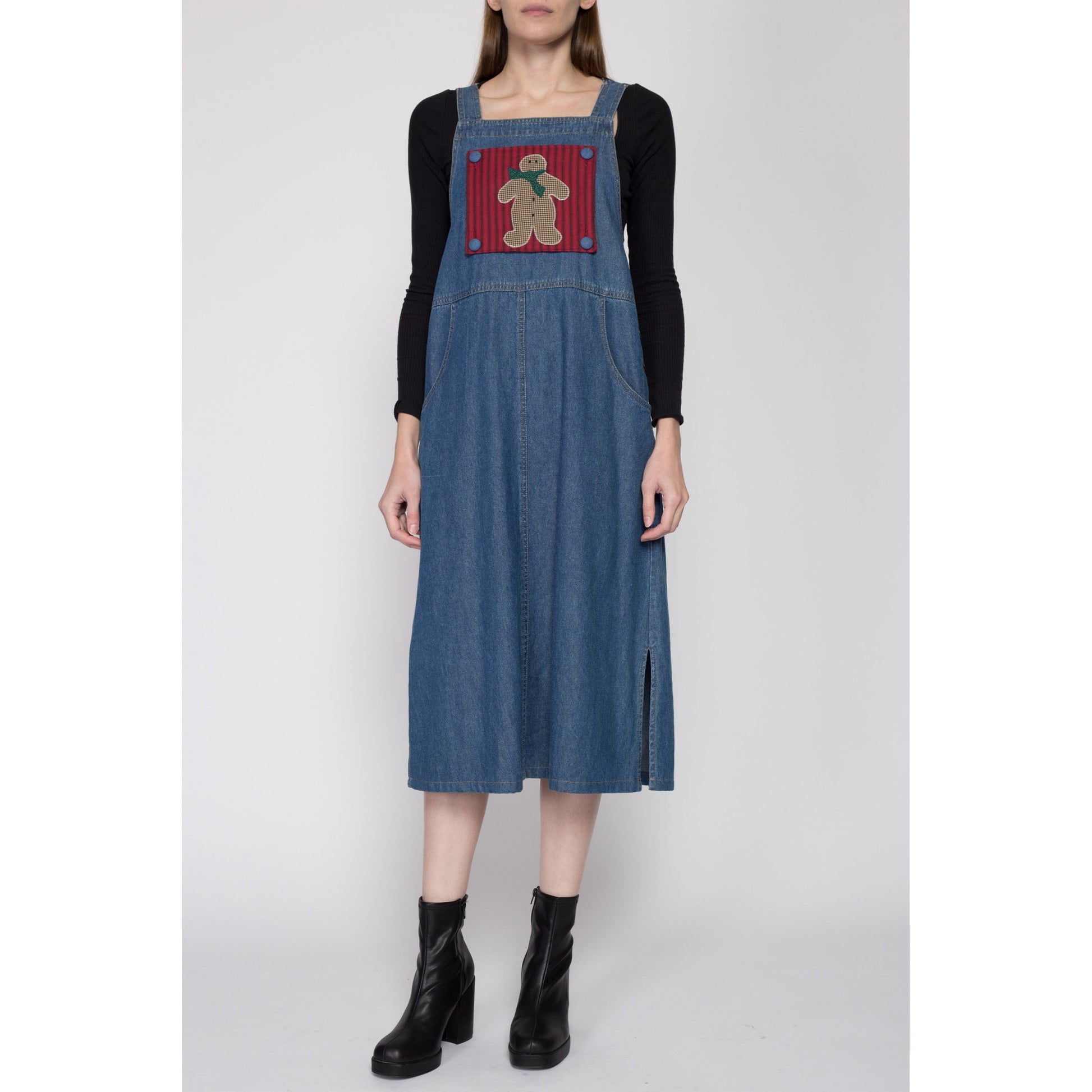 Small 90s Denim Holiday Pinafore Dress | Vintage Gingerbread Man Reversible Novelty Sleeveless Jean Midi Overall Dress