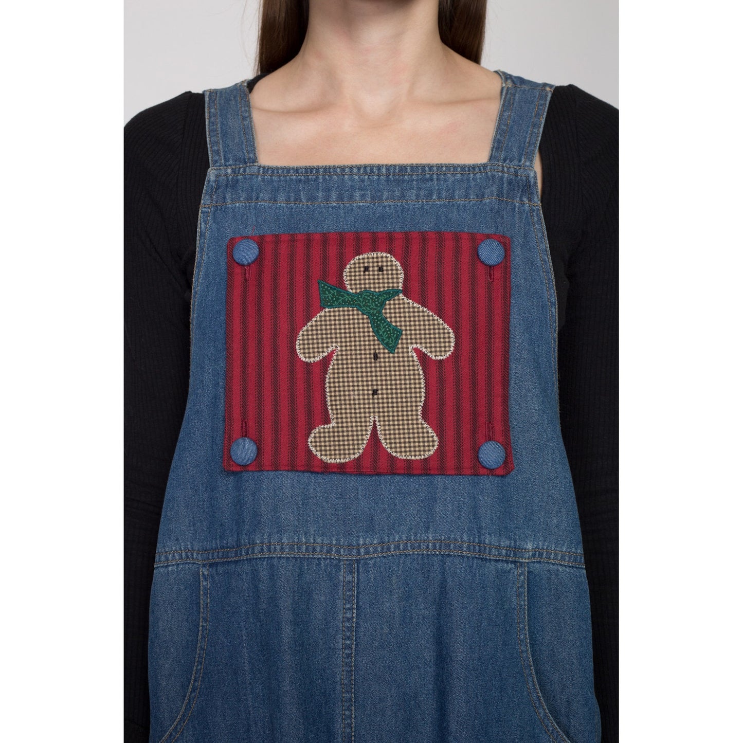 Small 90s Denim Holiday Pinafore Dress | Vintage Gingerbread Man Reversible Novelty Sleeveless Jean Midi Overall Dress