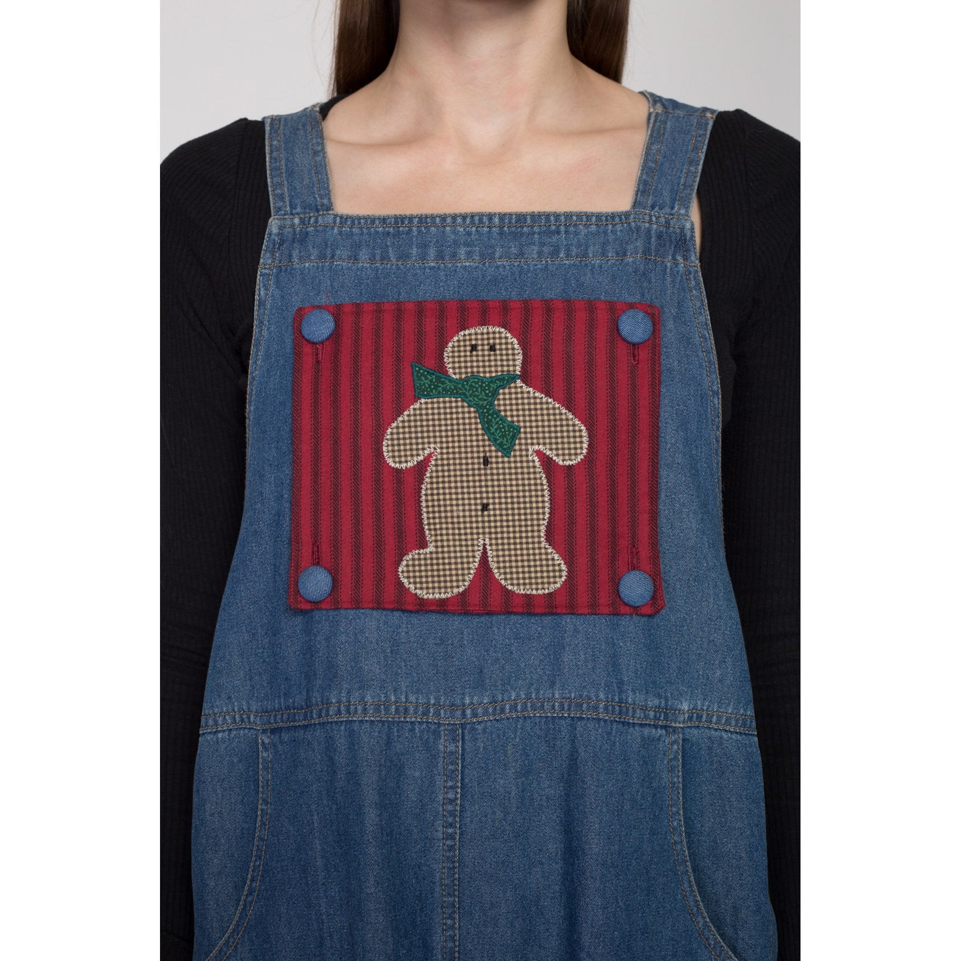 Small 90s Denim Holiday Pinafore Dress | Vintage Gingerbread Man Reversible Novelty Sleeveless Jean Midi Overall Dress