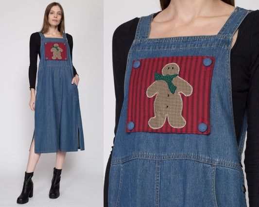 Small 90s Denim Holiday Pinafore Dress | Vintage Gingerbread Man Reversible Novelty Sleeveless Jean Midi Overall Dress