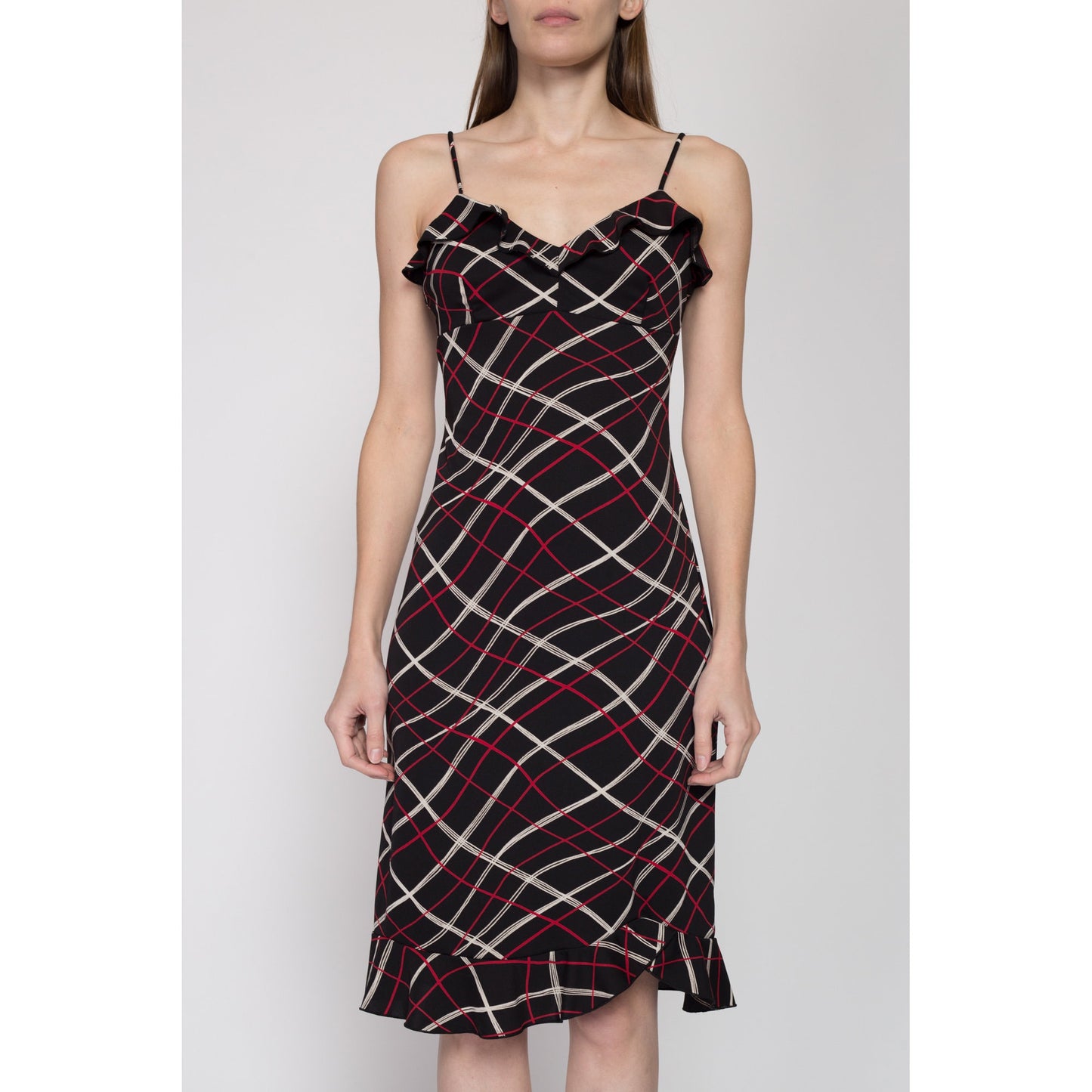 Sm-Med 90s Peppermint Bark Party Dress | Vintage Black Red Geometric Ruffle Trim Knee Length Midi Sundress