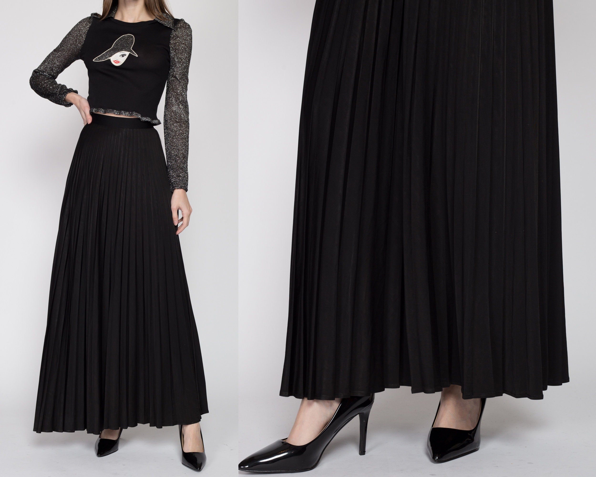 Black Solid Pleated Maxi Skirt Sz XS S M L XL XXL | eBay