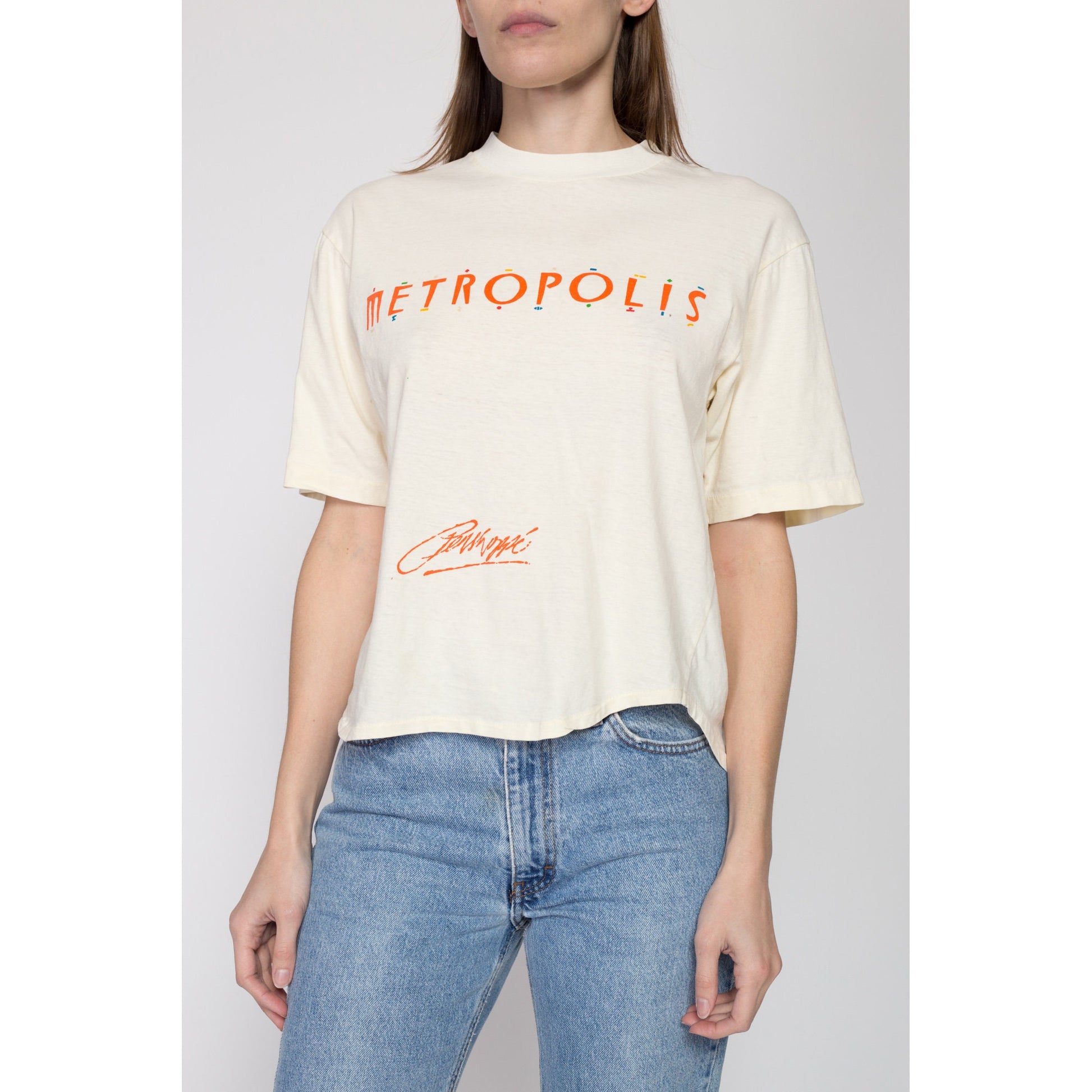Medium 80s Penshoppé Metropolis T Shirt | Vintage Distressed Cropped Graphic Tee