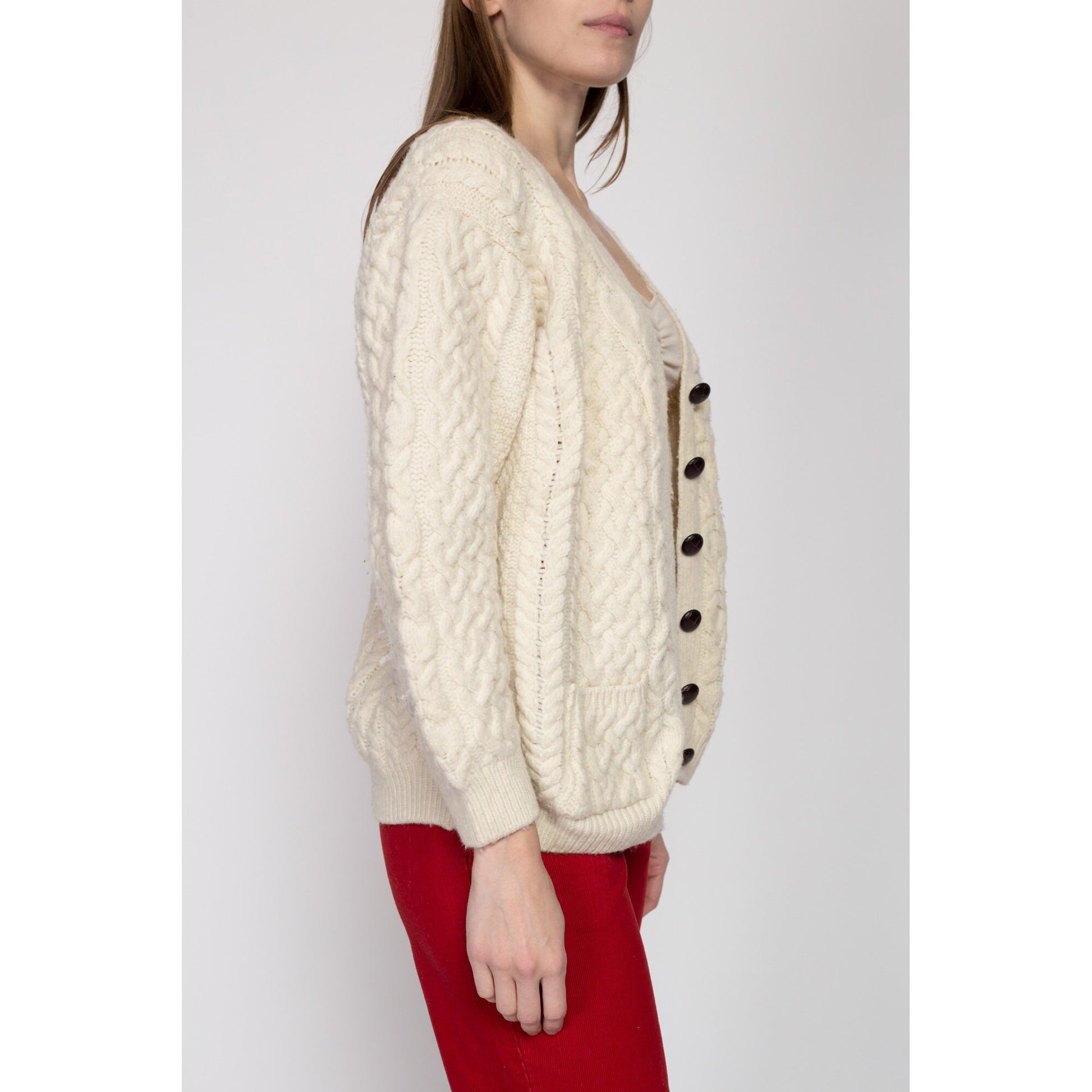 Medium Vintage Aran Crafts Irish Merino Wool Cable Knit Cardigan Petite | 80s Cream Button Up Cropped Fisherman Sweater