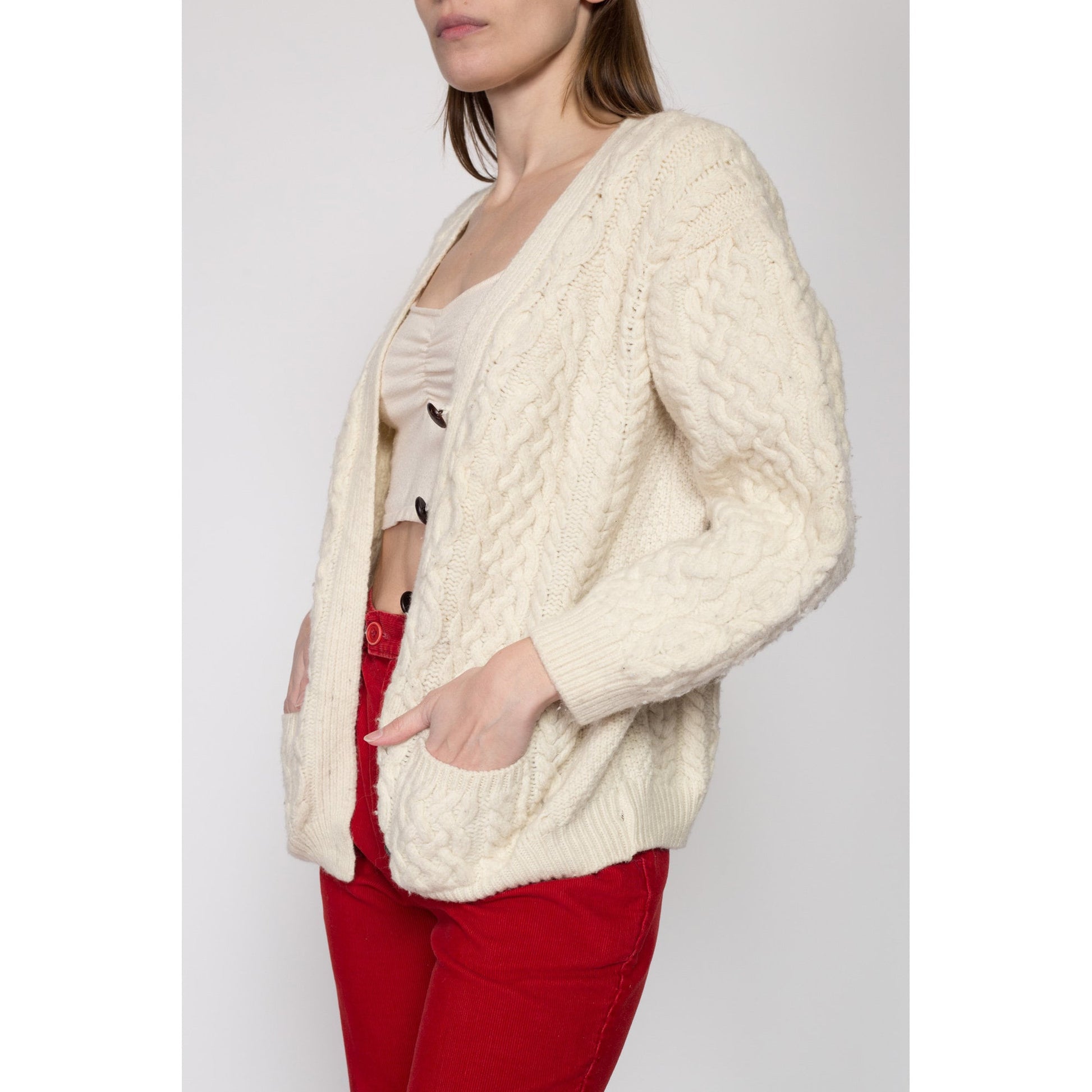 Medium Vintage Aran Crafts Irish Merino Wool Cable Knit Cardigan Petite | 80s Cream Button Up Cropped Fisherman Sweater