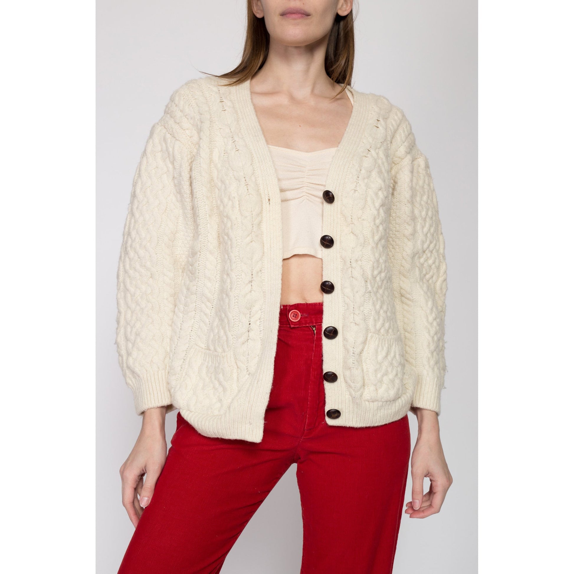 Medium Vintage Aran Crafts Irish Merino Wool Cable Knit Cardigan Petite | 80s Cream Button Up Cropped Fisherman Sweater