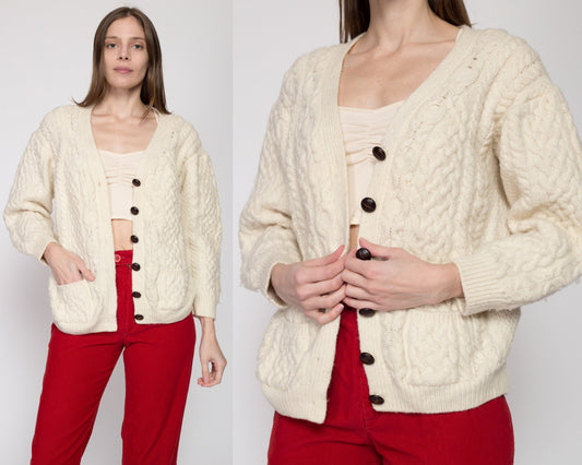 Medium Vintage Aran Crafts Irish Merino Wool Cable Knit Cardigan Petite | 80s Cream Button Up Cropped Fisherman Sweater