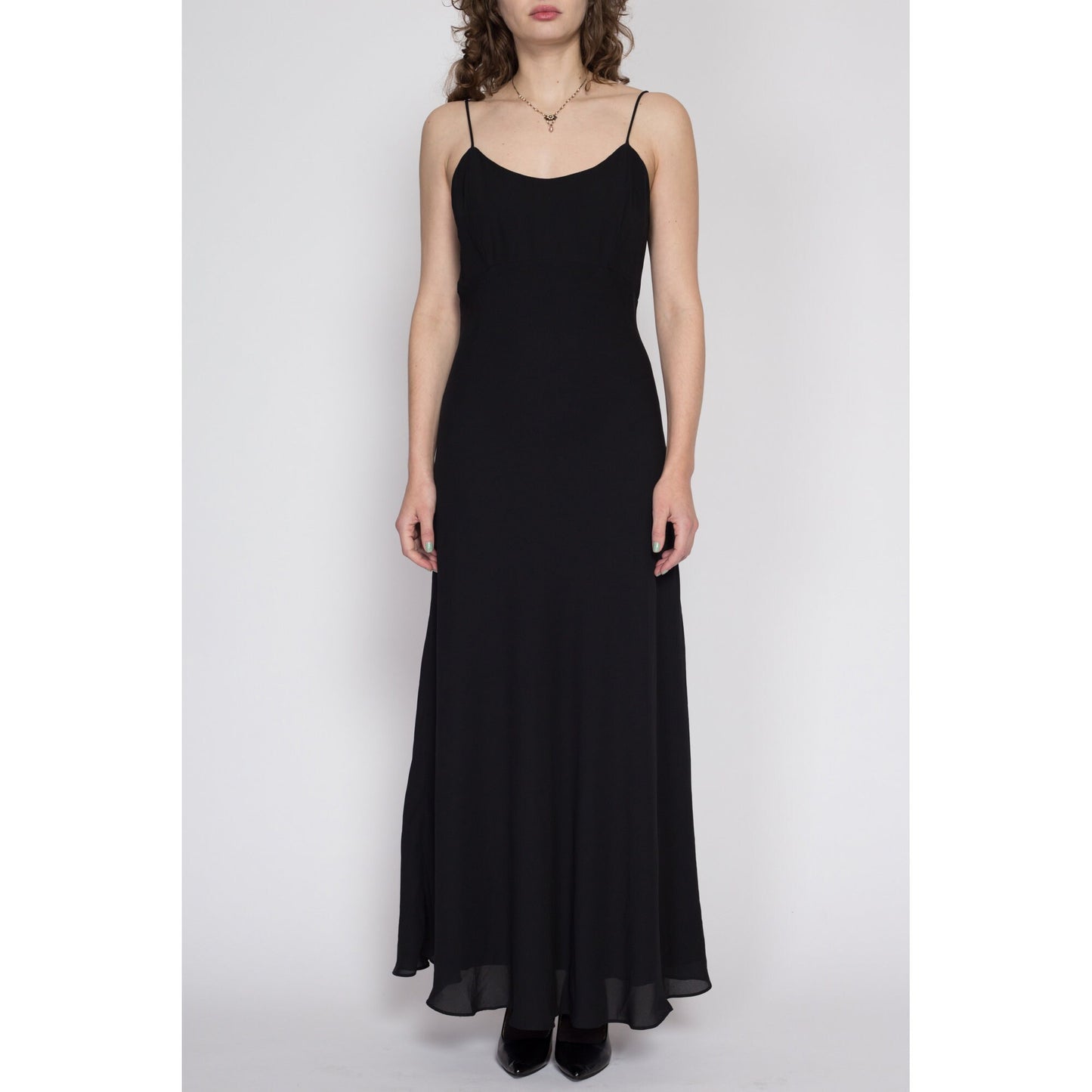 Medium 90s Black Flowy Evening Gown | Vintage Spaghetti Strap Formal Maxi Dress