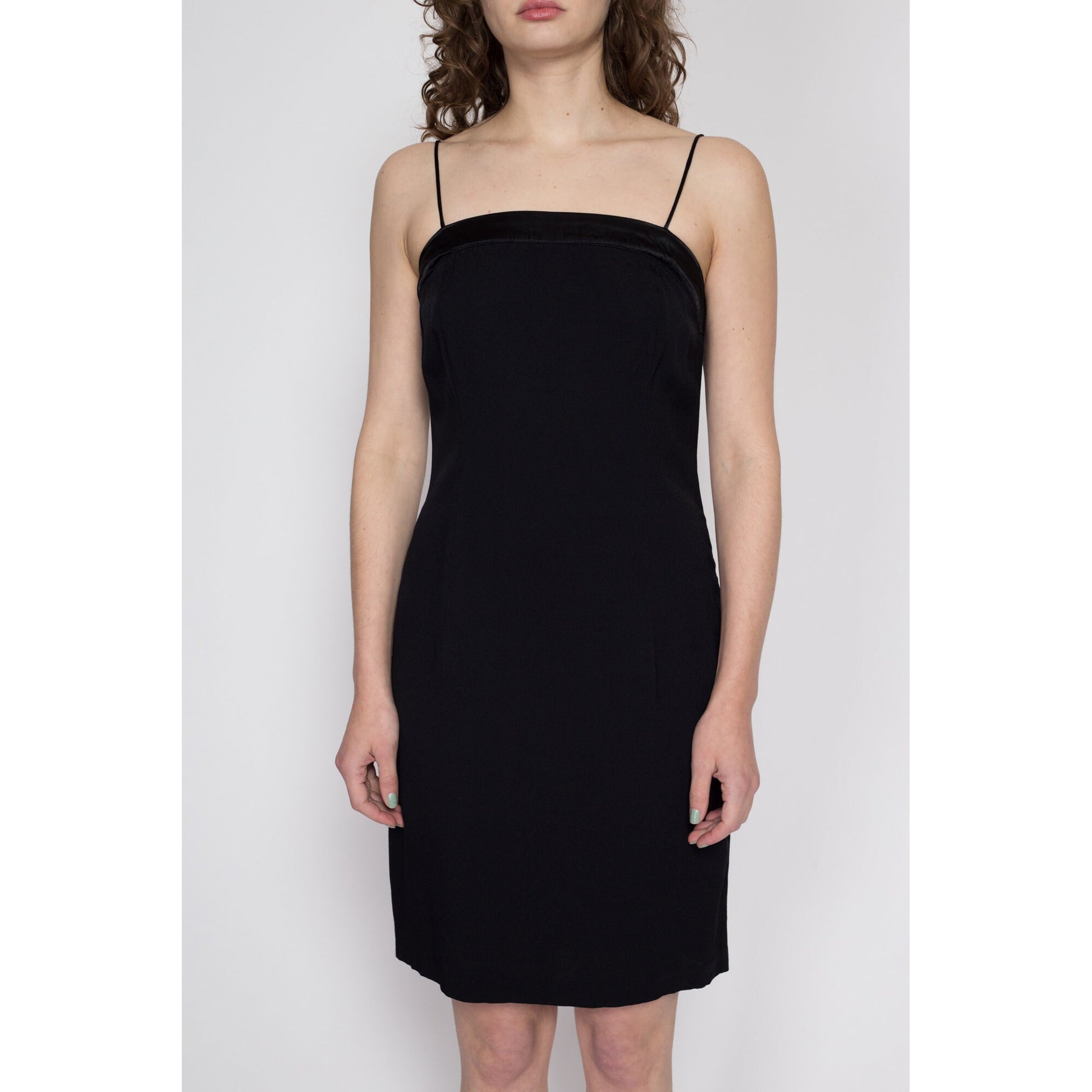 Medium 90s Square Neck Little Black Dress Petite | Vintage A Line Spaghetti Strap Mini Party Dress