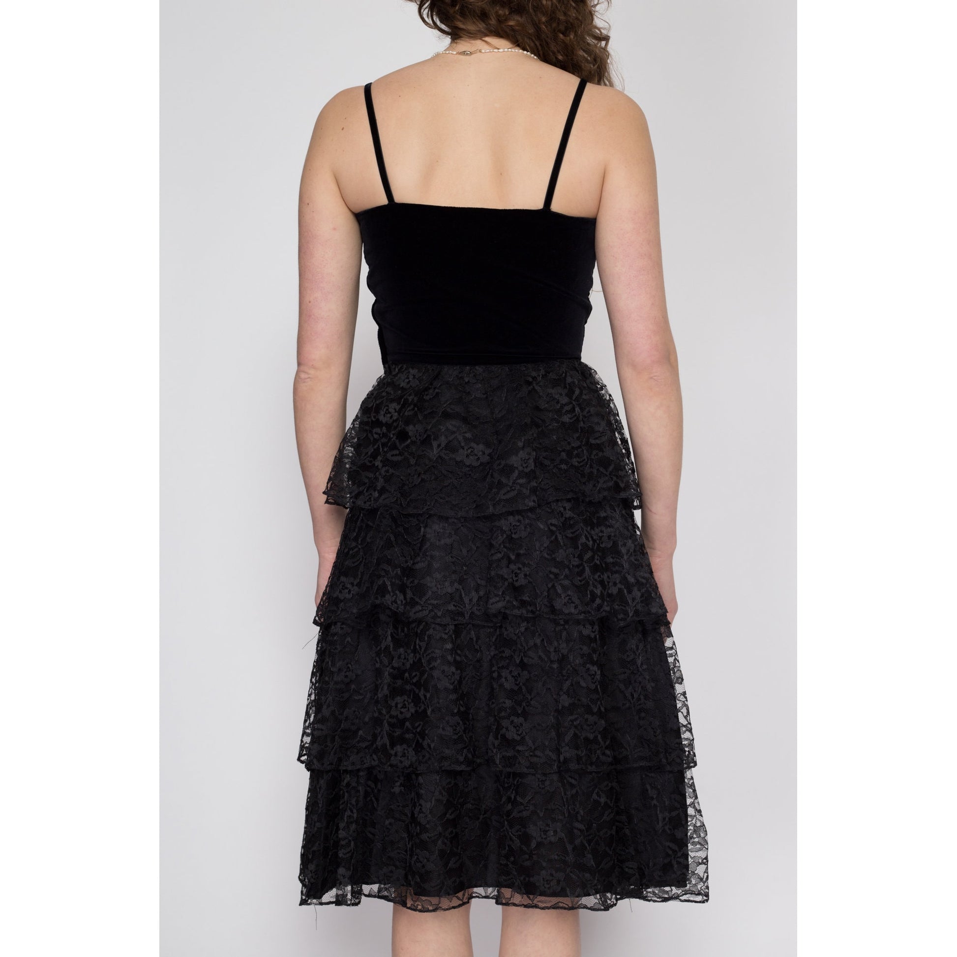 Small 80s Black Velvet & Lace Cupcake Party Dress | Vintage Tiered Fit Flare Spaghetti Strap Formal Midi Prom Gown