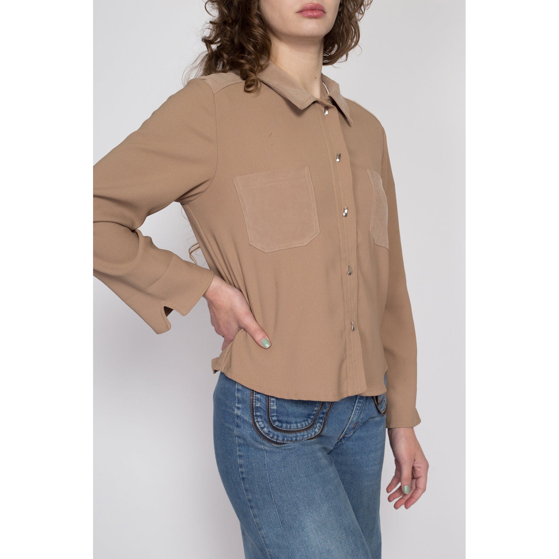 Medium 90s Taupe Button Up Cuffed Blouse | Vintage Minimalist Collared Pocket Shirt