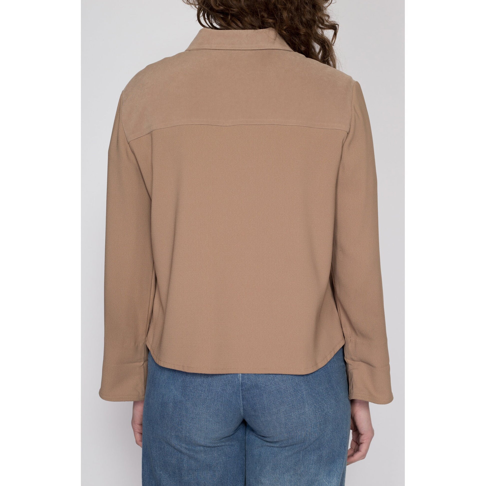 Medium 90s Taupe Button Up Cuffed Blouse | Vintage Minimalist Collared Pocket Shirt