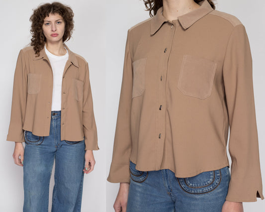 Medium 90s Taupe Button Up Cuffed Blouse | Vintage Minimalist Collared Pocket Shirt