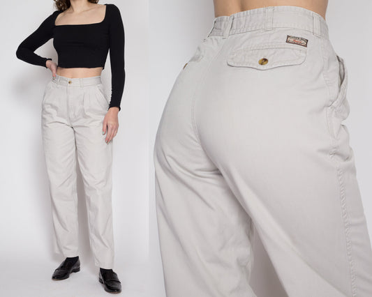 Small 80s Cotton Khaki High Waisted Pants 26" | Vintage Grey Off-White Pleated Straight Leg Trousers