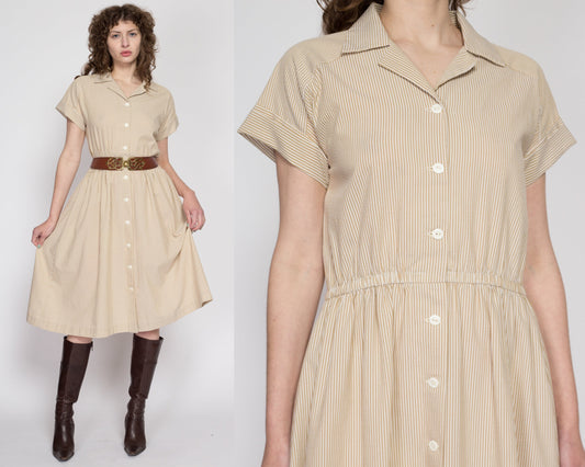 Medium 60s Brown & White Pinstriped Seersucker Shirtdress | Vintage Short Sleeve Collared Fit Flare Midi Dress