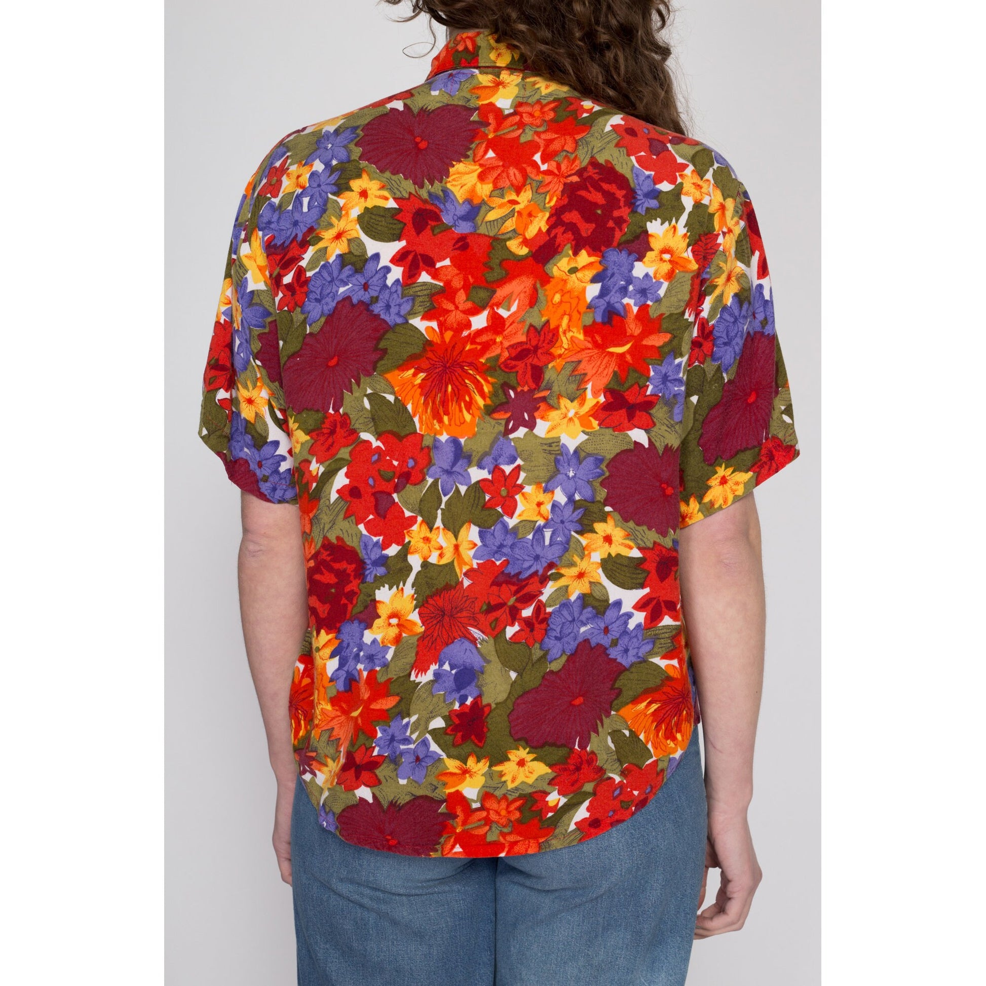 Small 80s 90s Orange Watercolor Floral Button Up Shirt | Vintage Boho Oversized Collared Rayon Blouse