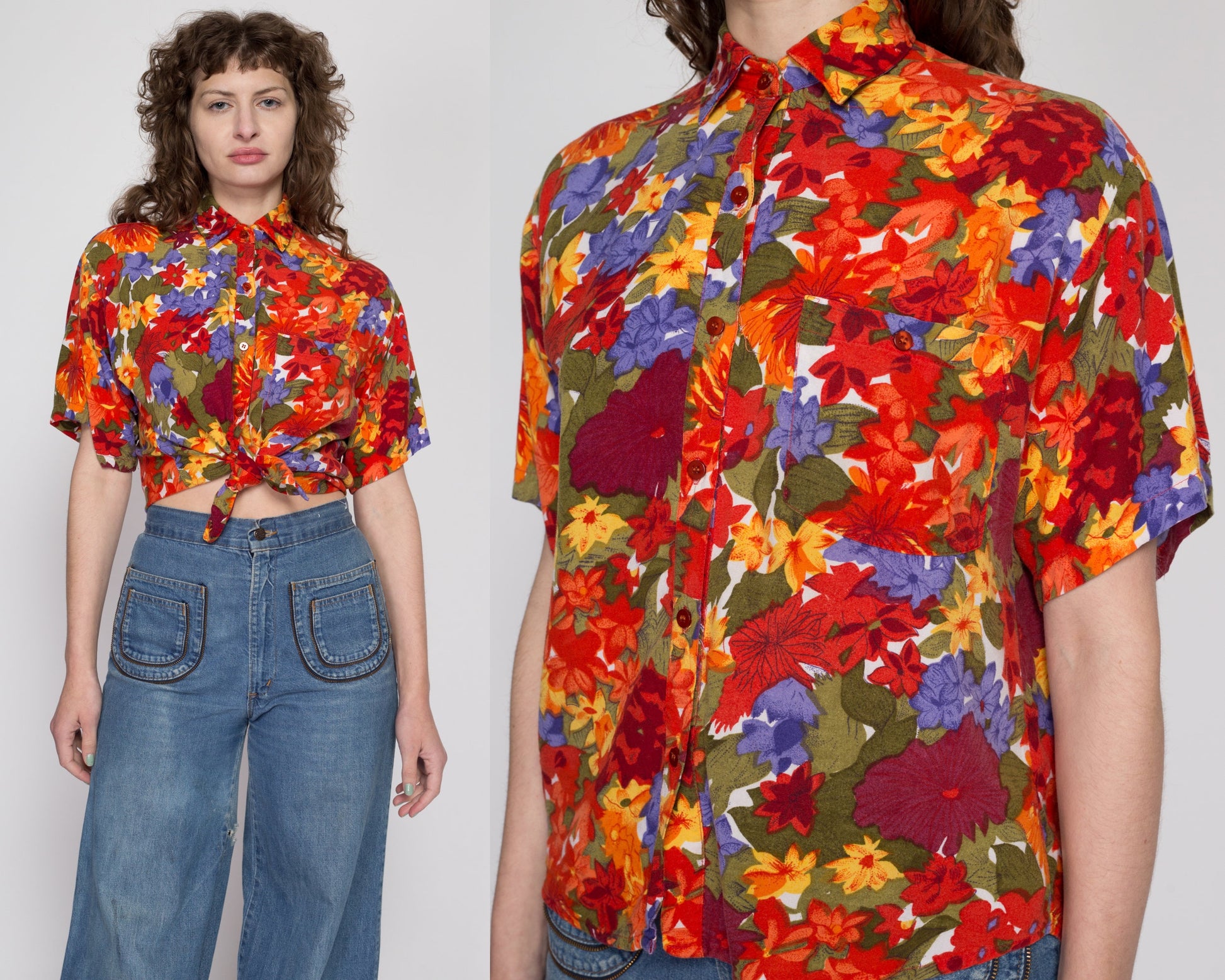Small 80s 90s Orange Watercolor Floral Button Up Shirt | Vintage Boho Oversized Collared Rayon Blouse