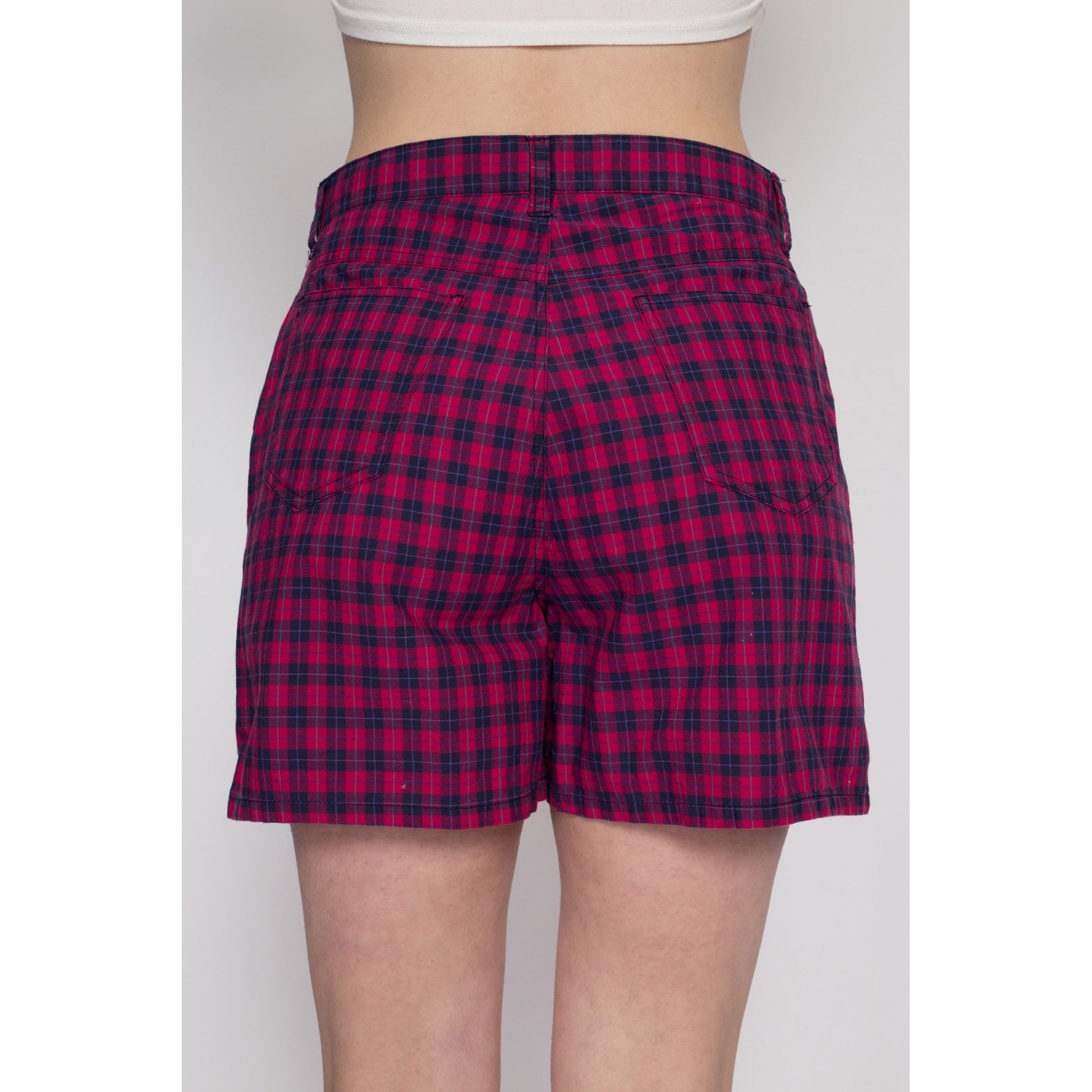 Medium 90s Hot Pink & Navy Blue Plaid Shorts 30.5" | Vintage Palmetto's High Waisted Casual Shorts