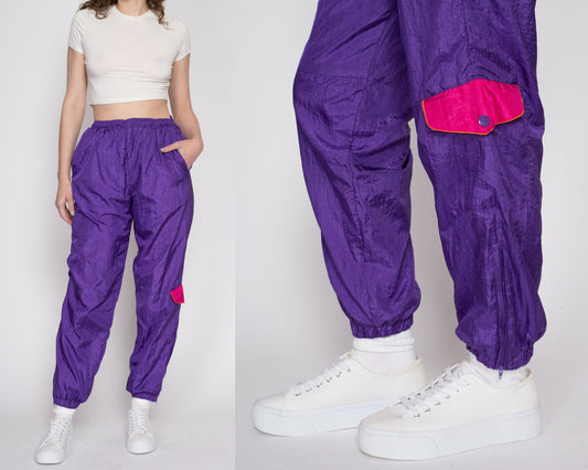 Medium 80s Purple Jogger Track Pants | Vintage Color Block Nylon Athletic Loungewear Sweatpants