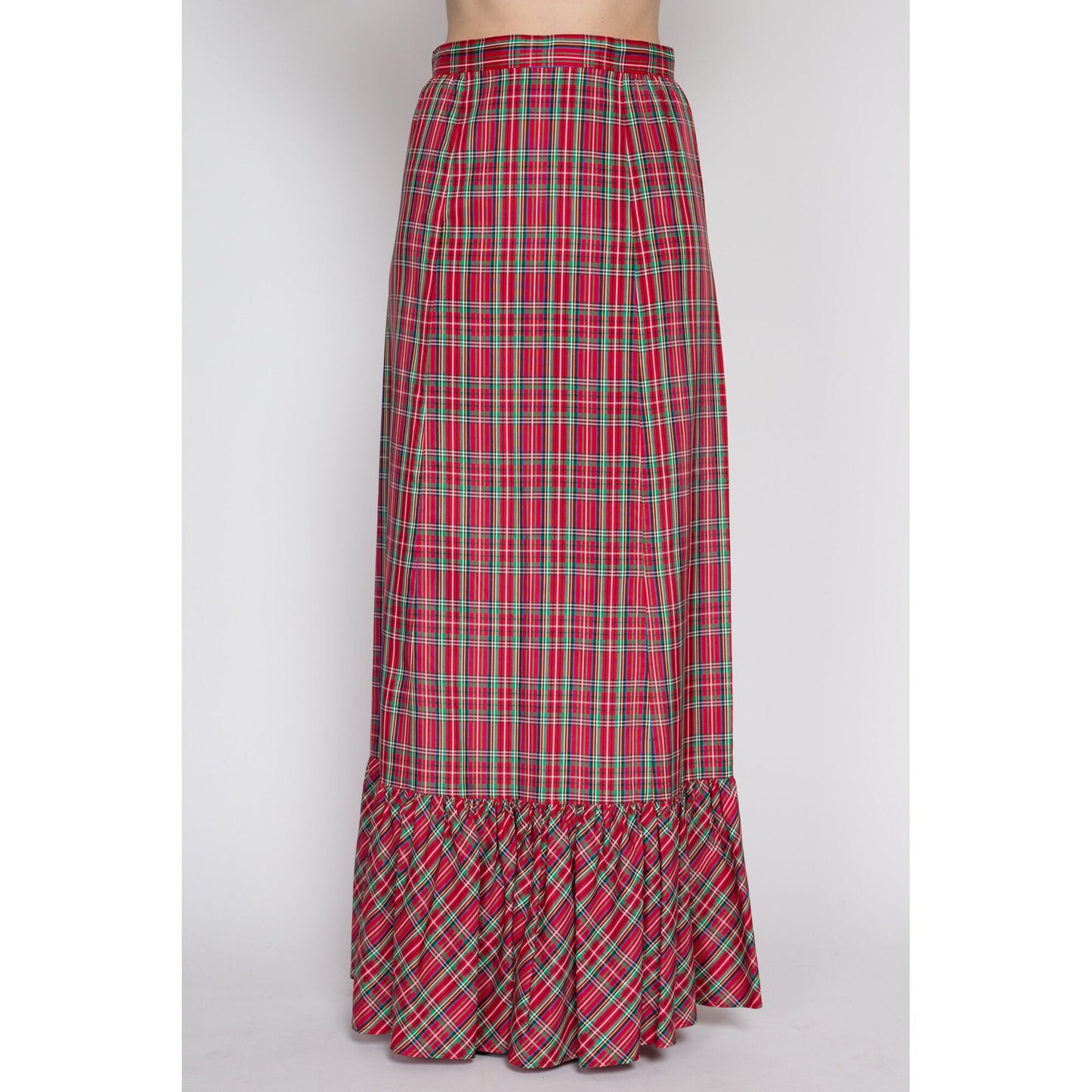 Medium 70s Red Plaid Taffeta Maxi Hostess Skirt 28" | Vintage Boho Christmas High Waisted Long Skirt