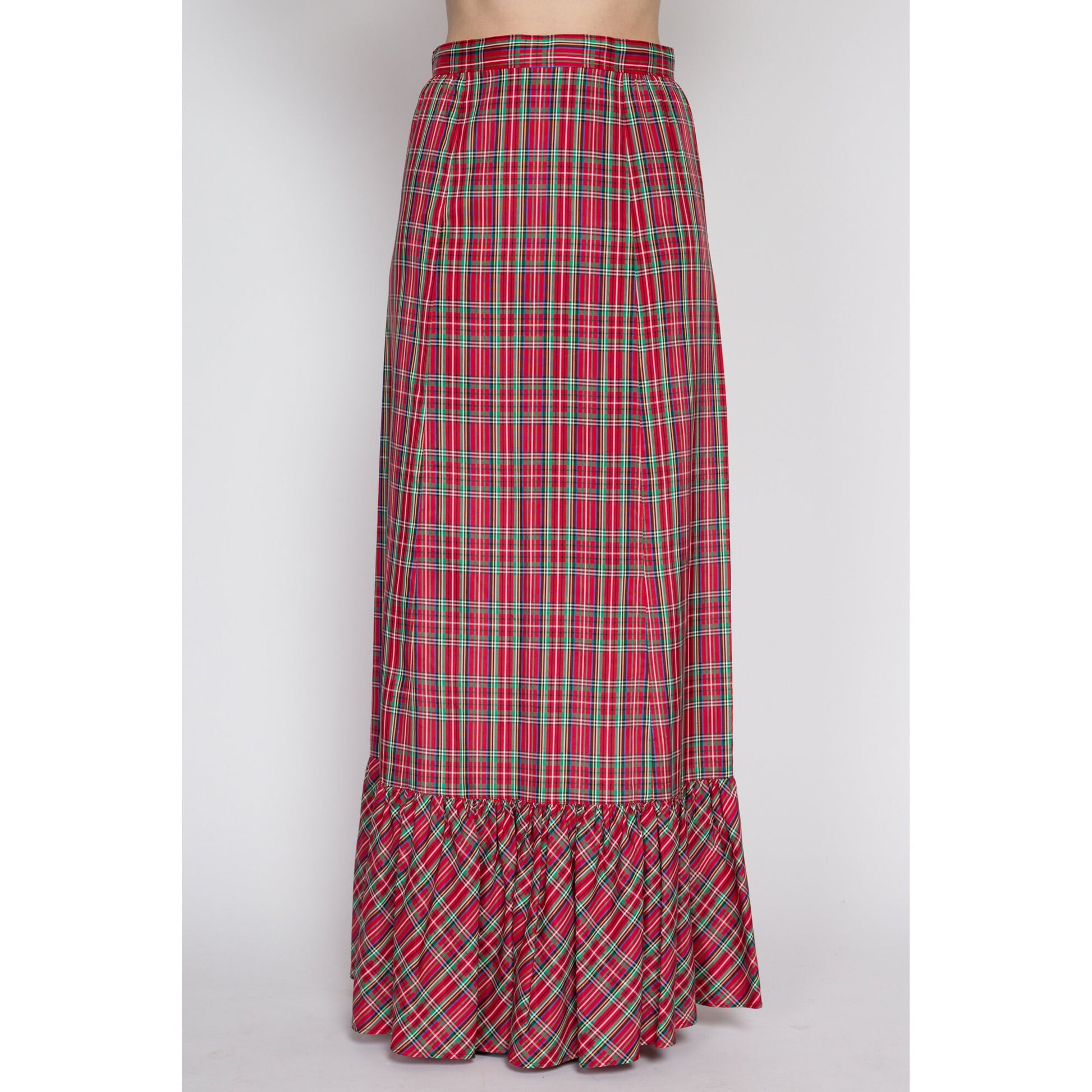 Medium 70s Red Plaid Taffeta Maxi Hostess Skirt 28" | Vintage Boho Christmas High Waisted Long Skirt