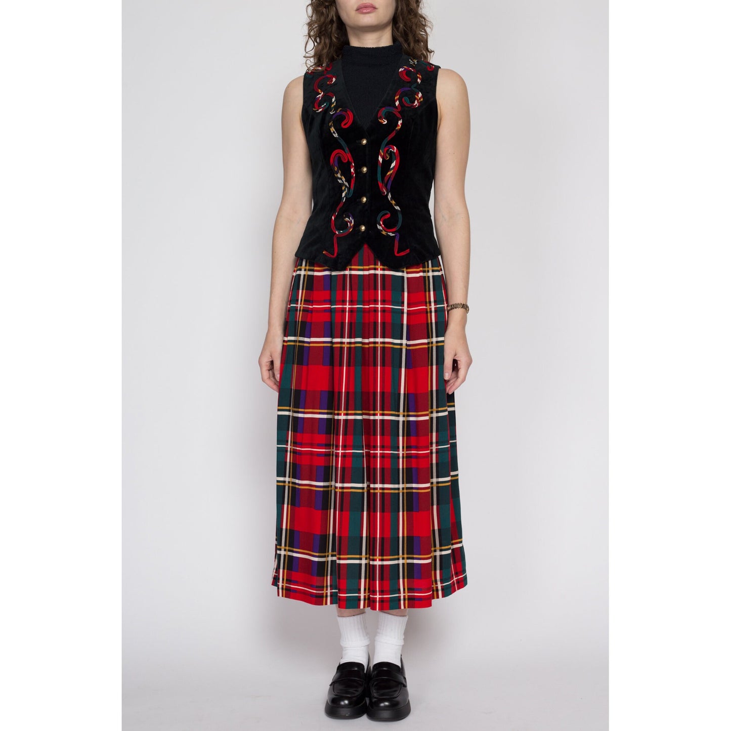 Medium 80s Lanz Velvet Vest Plaid Skirt Midi Dress NWT | Vintage Red & Black Sleeveless Secretary Christmas Dress
