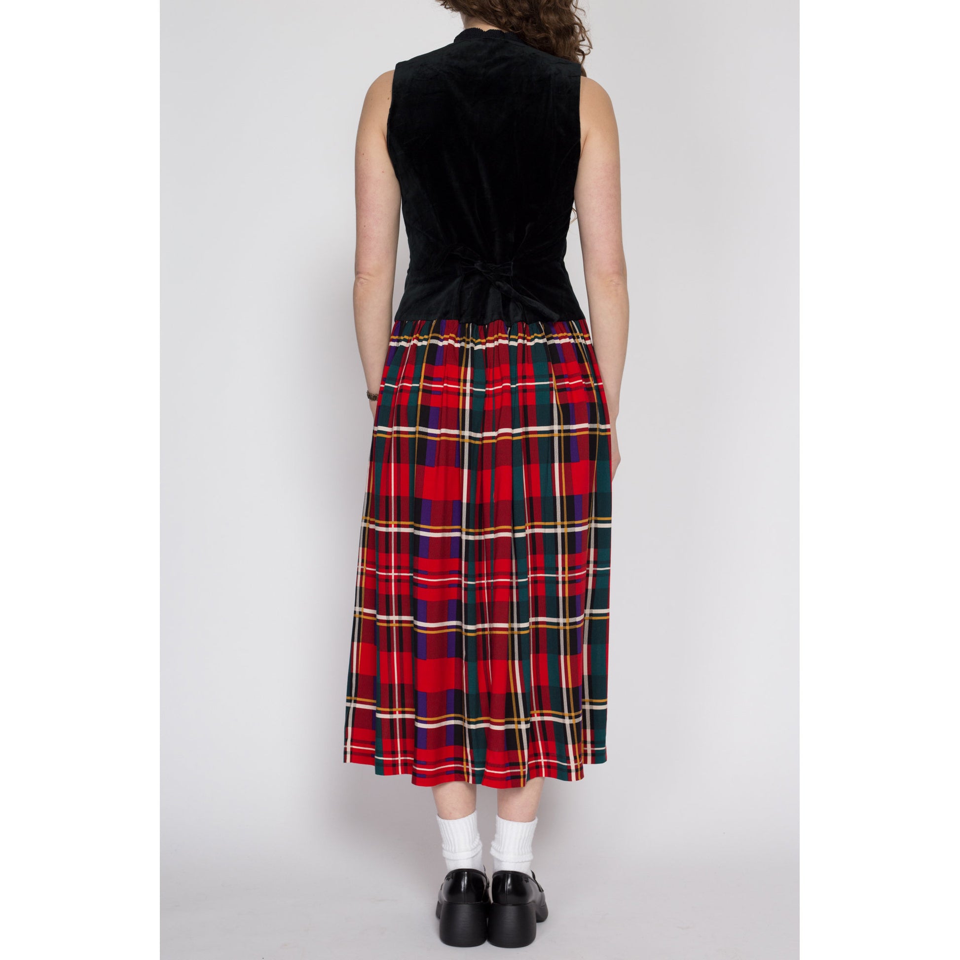 Medium 80s Lanz Velvet Vest Plaid Skirt Midi Dress NWT | Vintage Red & Black Sleeveless Secretary Christmas Dress