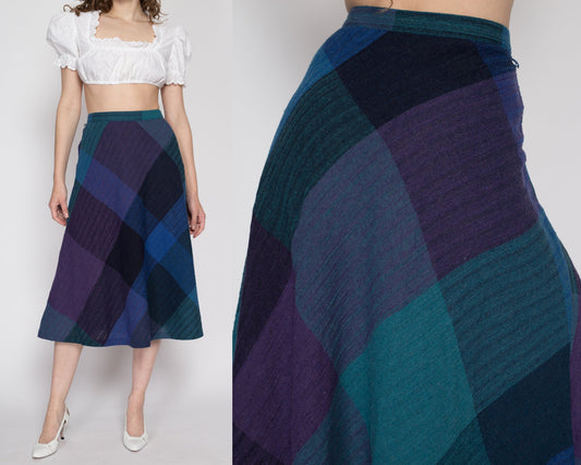 Medium 70s Dark Plaid A Line Midi Skirt 28" | Vintage Blue Purple Green Preppy High Waisted Flowy Pocket Skirt