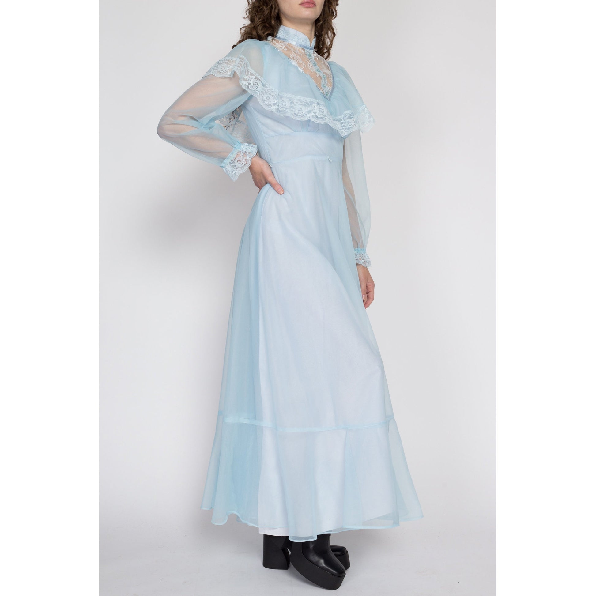Small 70s Does Victorian Baby Blue Gown | Vintage Lace Trim Formal Boho Maxi Prairie Dress