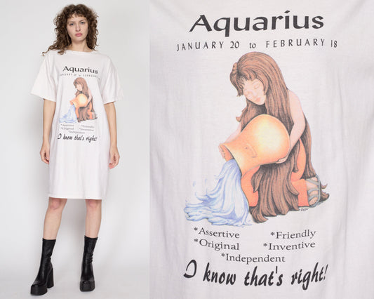 One Size 80s Aquarius Astrology Sleep Shirt | Vintage Zodiac Sign Oversize Pajama T Shirt Dress