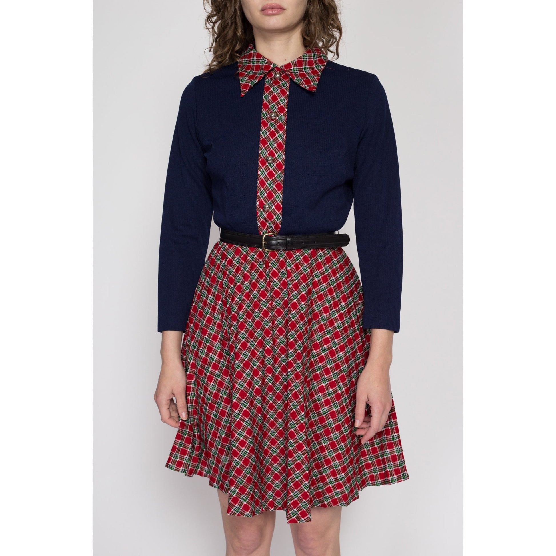 Medium 70s Plaid Fit & Flare Mini Dress | Vintage Navy Blue Red Button Up Long Sleeve Holiday Party Dress