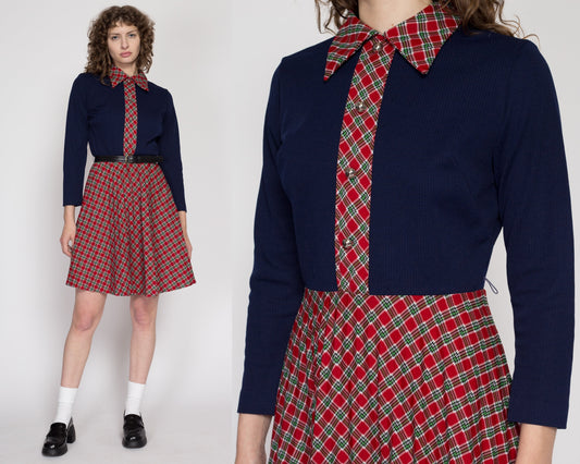 Medium 70s Plaid Fit & Flare Mini Dress | Vintage Navy Blue Red Button Up Long Sleeve Holiday Party Dress