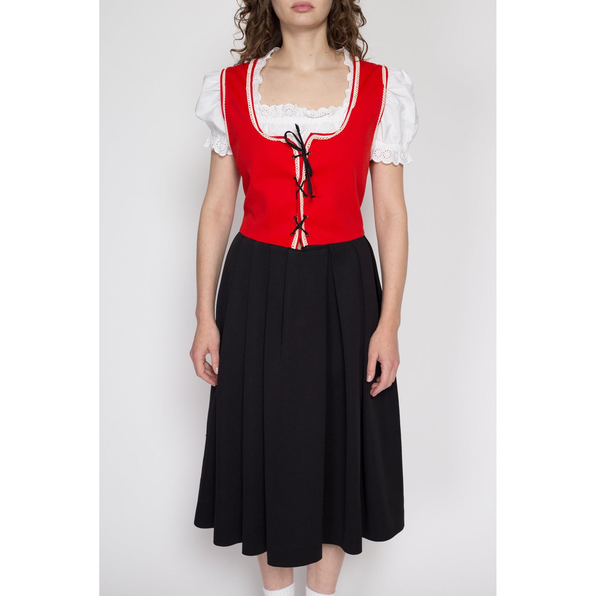 Large 70s Red & Black Dirndl Folk Dress, As Is | Vintage Oktoberfest German Trachten Boho Corset Tie Pinafore Midi