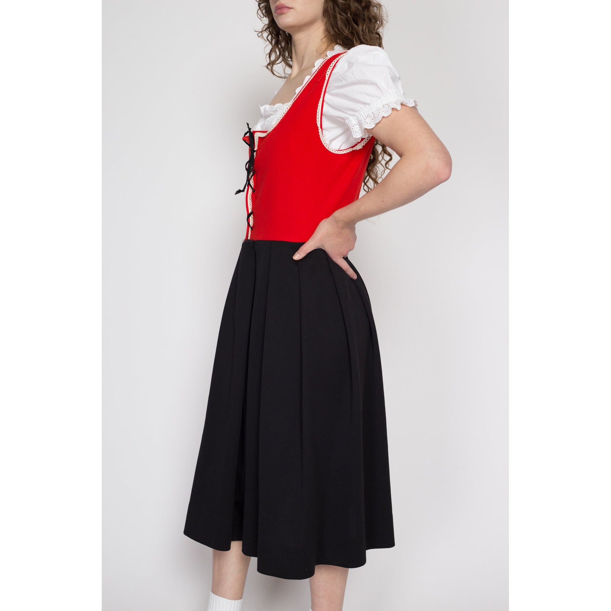 Large 70s Red & Black Dirndl Folk Dress, As Is | Vintage Oktoberfest German Trachten Boho Corset Tie Pinafore Midi