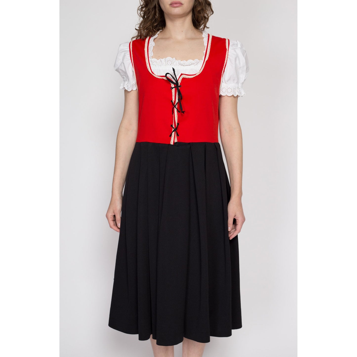 Large 70s Red & Black Dirndl Folk Dress, As Is | Vintage Oktoberfest German Trachten Boho Corset Tie Pinafore Midi