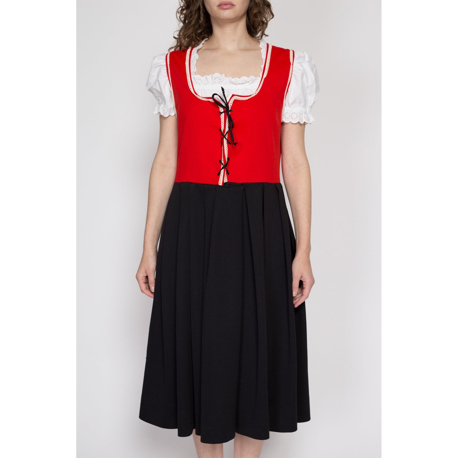 Large 70s Red & Black Dirndl Folk Dress, As Is | Vintage Oktoberfest German Trachten Boho Corset Tie Pinafore Midi
