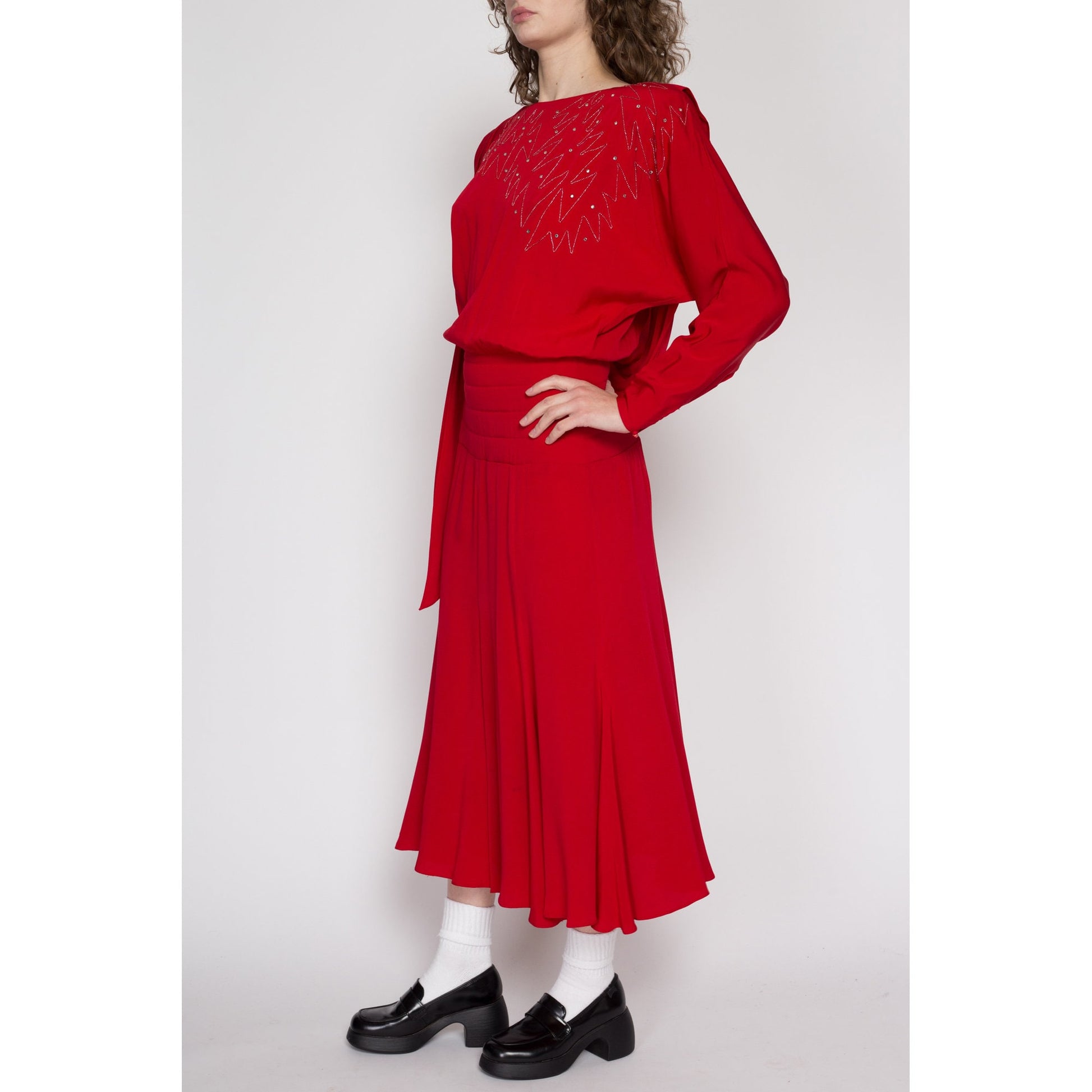Small 80s Casadei Red Draped Back Midi Dress – Flying Apple Vintage Small 80s Casadei Red Draped Back Midi Dress – Flying Apple Vintage