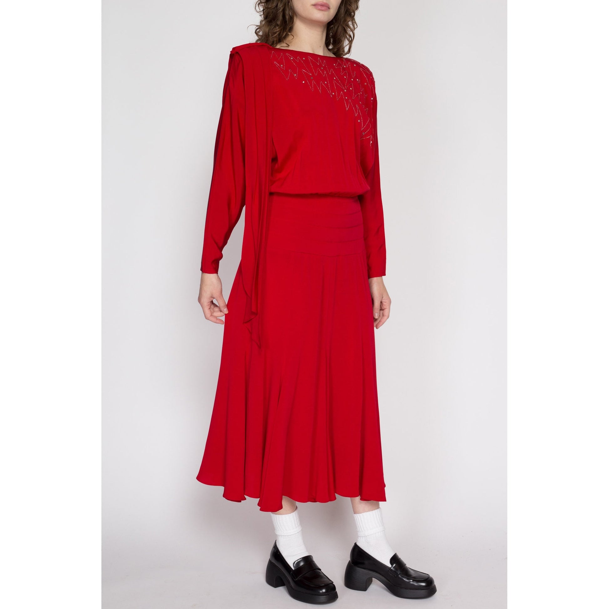 Small 80s Casadei Red Draped Back Midi Dress – Flying Apple Vintage Small 80s Casadei Red Draped Back Midi Dress – Flying Apple Vintage