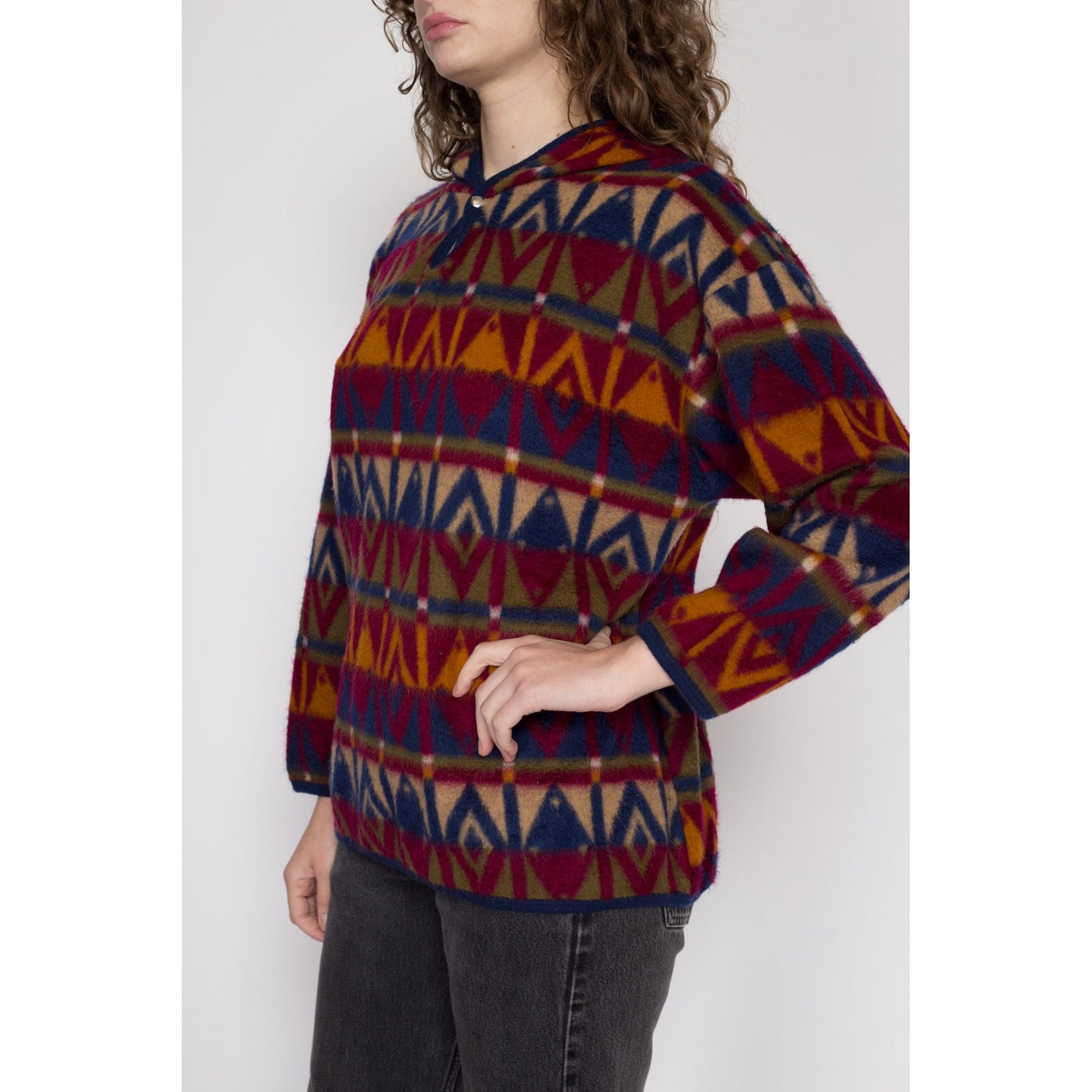 Large 90s Jordache Fleece Hooded Sweatshirt Petite | Vintage Southwestern All Over Print Winter Soft Jacket